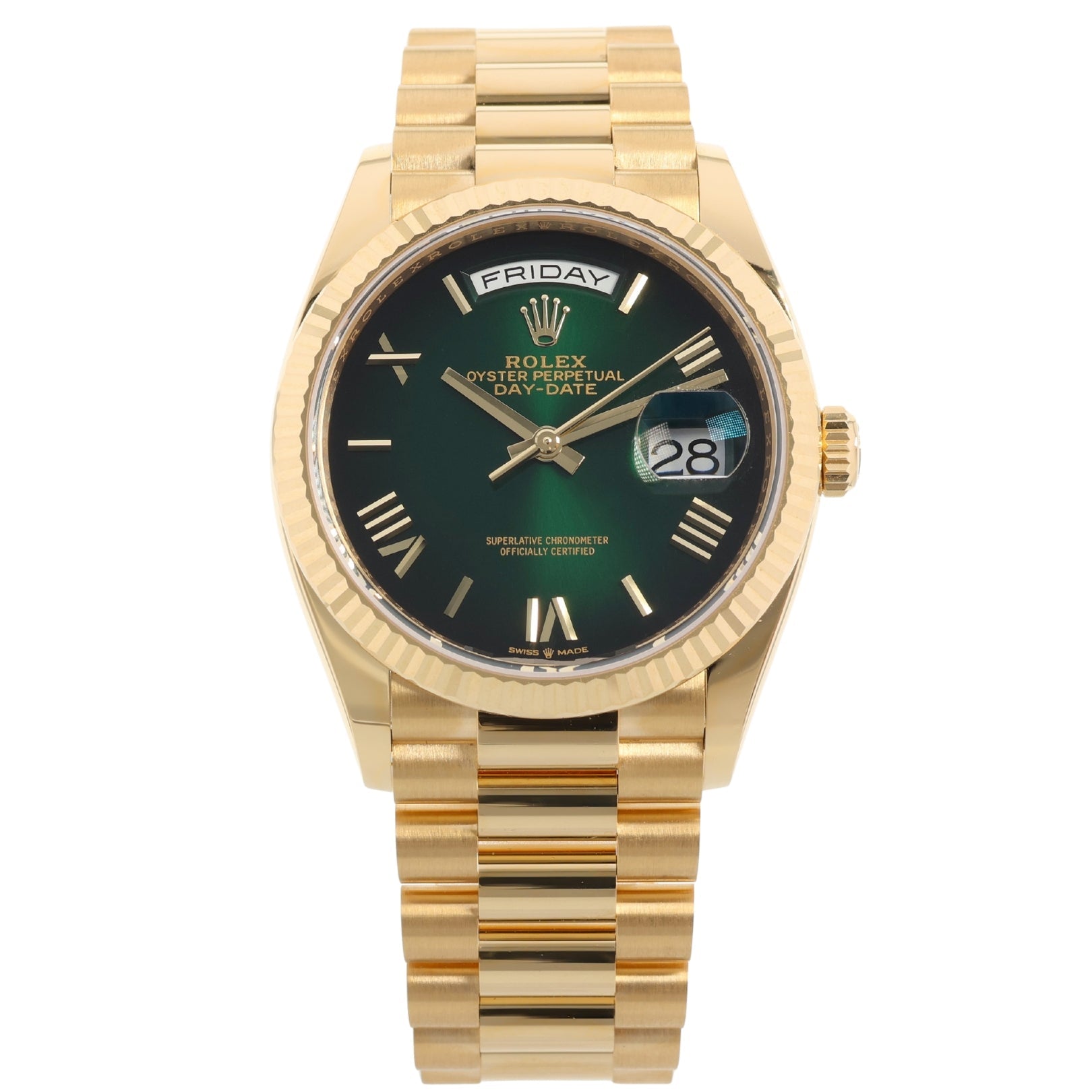 Rolex Day - Date 36, Gelbgold, Ombre Green Dial, Ref. 128238, 2025, B+P - LUXUHRIA