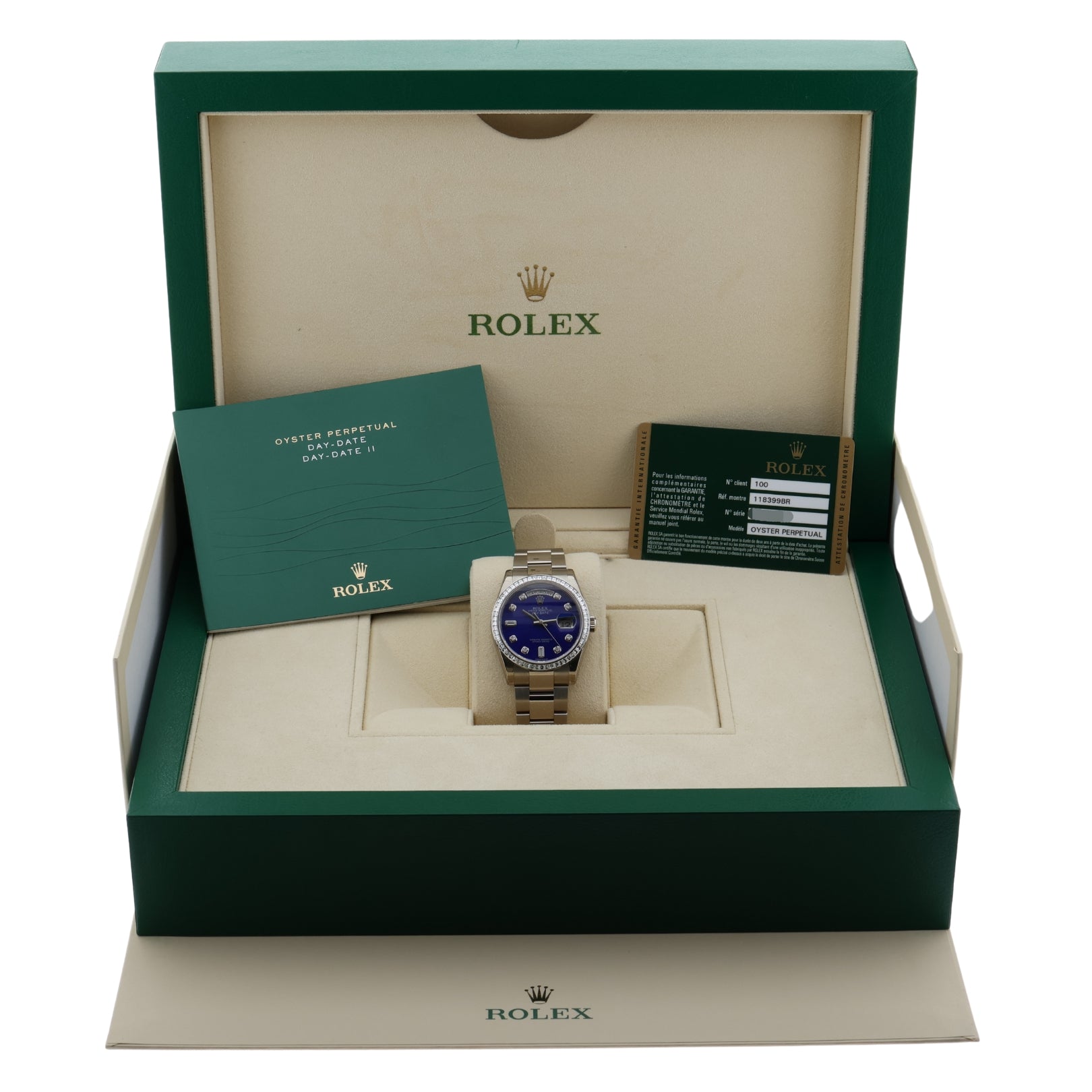 Rolex Day - Date 36, Lapislazuli Zifferblatt, Diamanten Set, Ref. 118399BR, LC100, 12 - 2015, B+P - LUXUHRIA