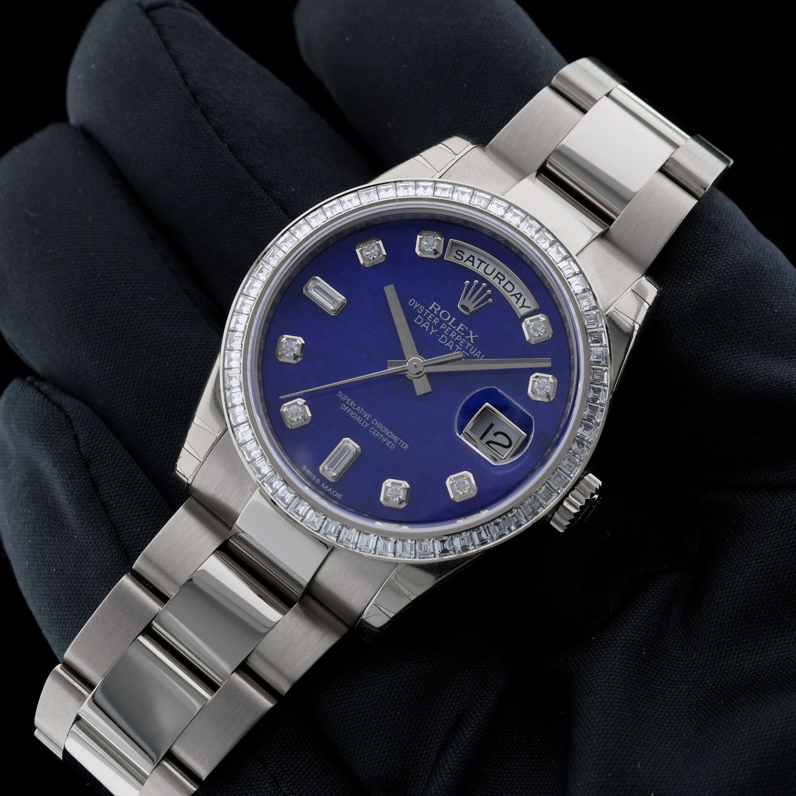 Rolex Day - Date 36, Lapislazuli Zifferblatt, Diamanten Set, Ref. 118399BR, LC100, 12 - 2015, B+P - LUXUHRIA