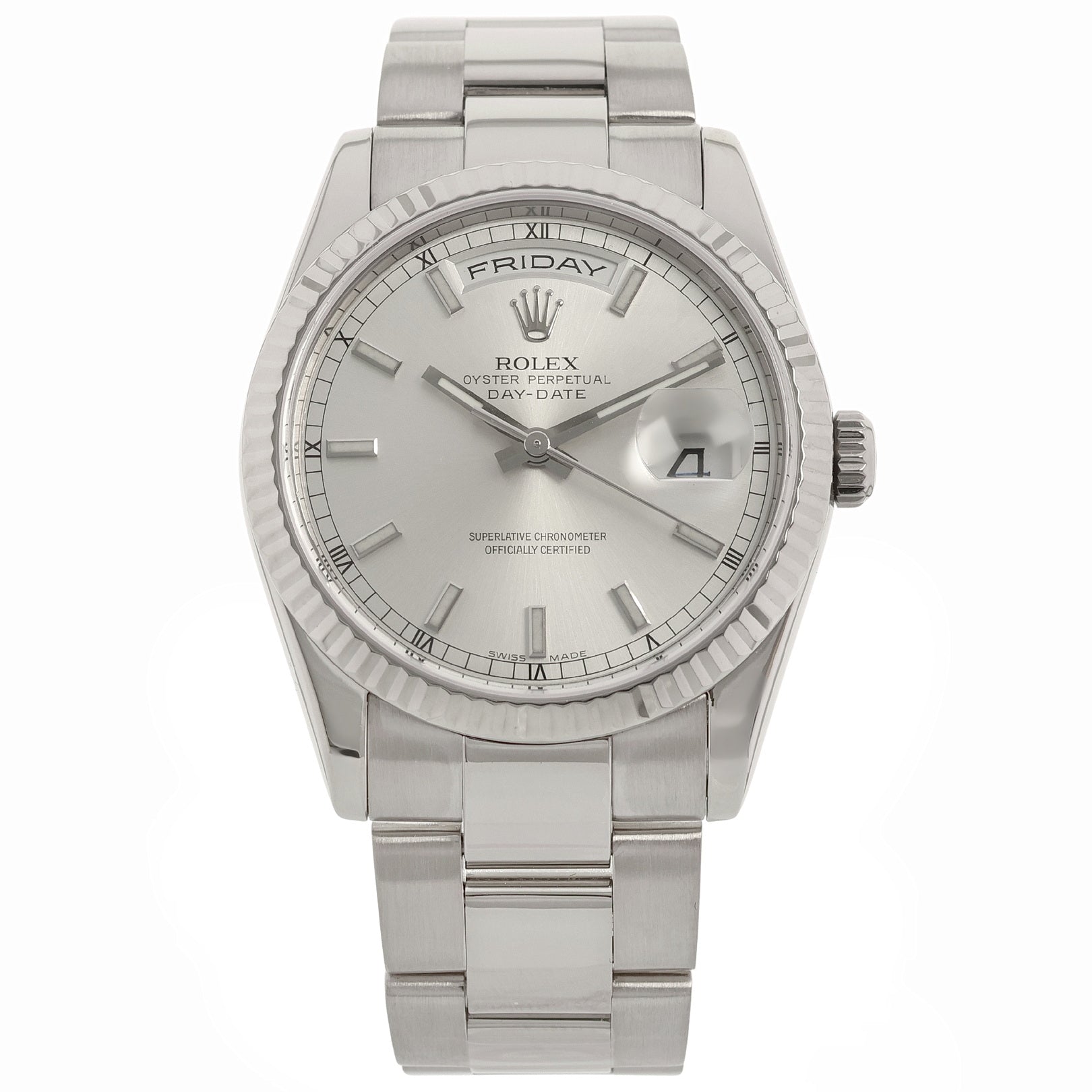Rolex Day - Date 36, Whitegold, Silver Dial, Ref. 118239, mit Box+Rolex - Service - LUXUHRIA