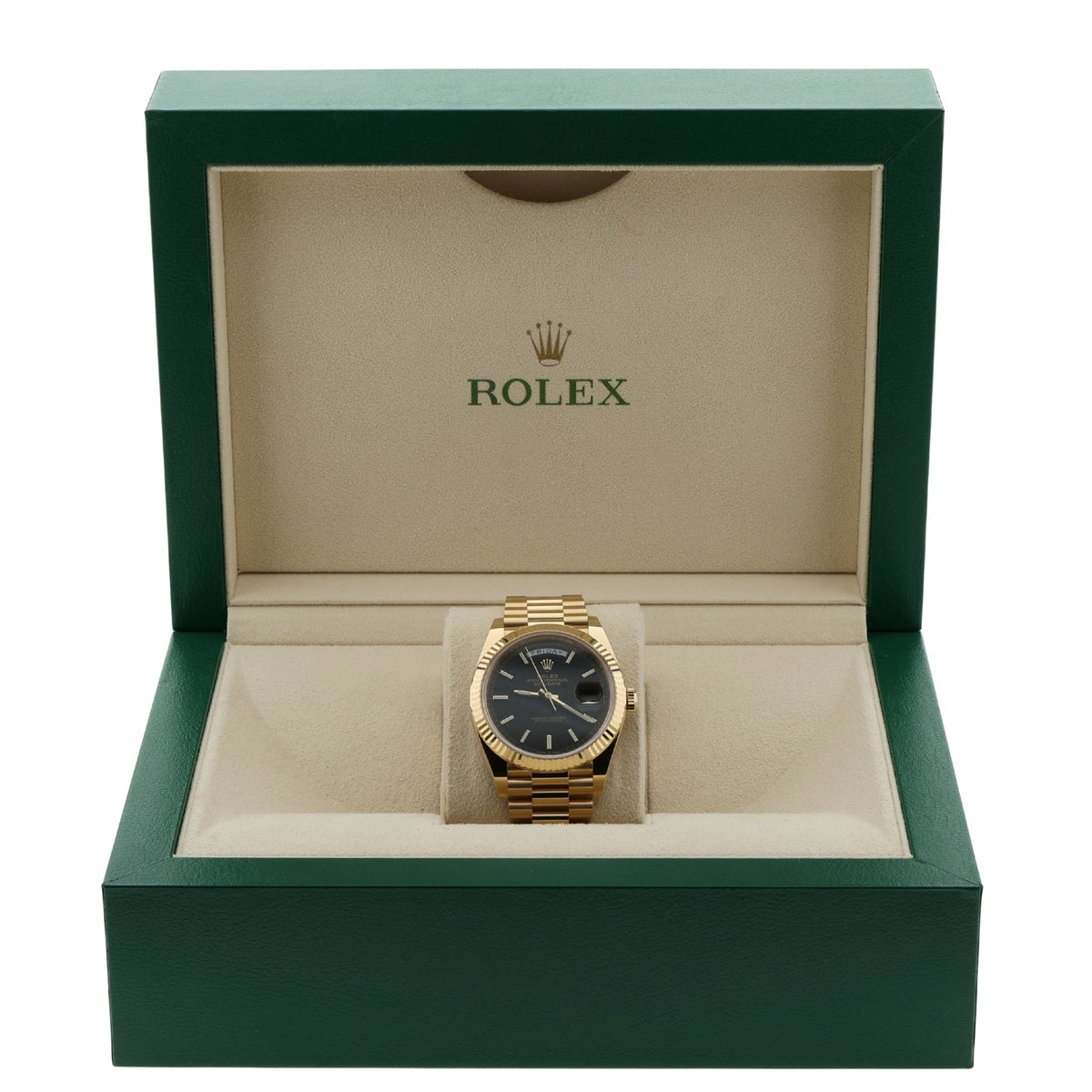 Rolex Day-Date 40, Black Motif Dial, Gelbgold, Ref. 228238, 2021, B+P - LUXUHRIA