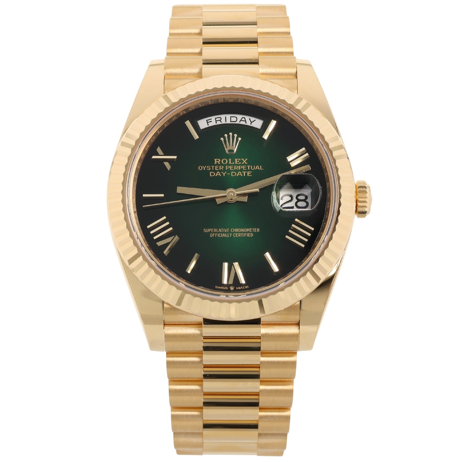 Rolex Day - Date 40, Ombre Green Dial, Gelbgold, Ref. 228238, 11 - 2024, B+P - LUXUHRIA