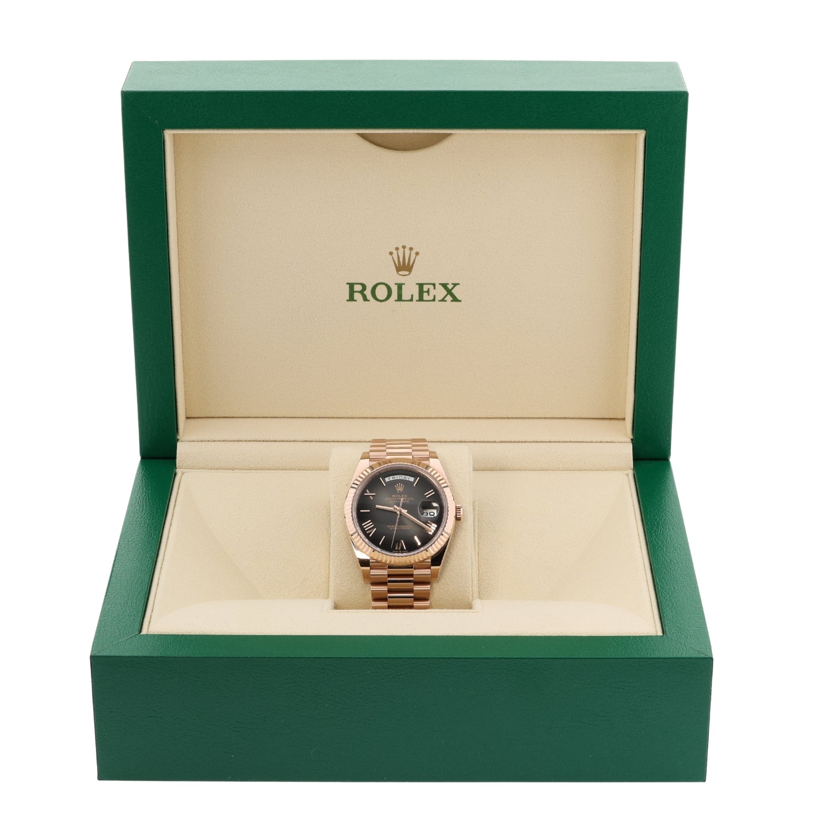 Rolex Day - Date 40, Ombre Grey Dial, Everose Gold, President Band, Ref. 228235, 07 - 2024, B+P - LUXUHRIA