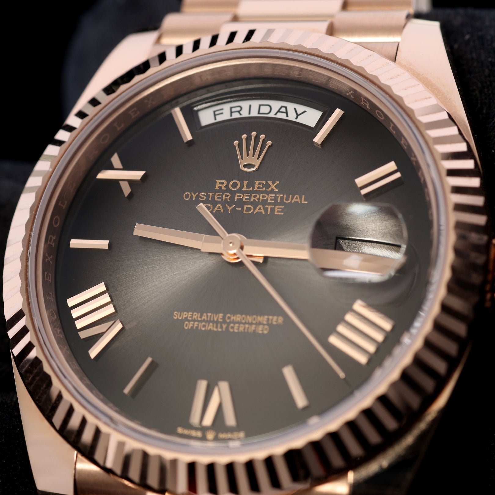 Rolex Day - Date 40, Ombre Grey Dial, Everose Gold, President Band, Ref. 228235, 07 - 2024, B+P - LUXUHRIA