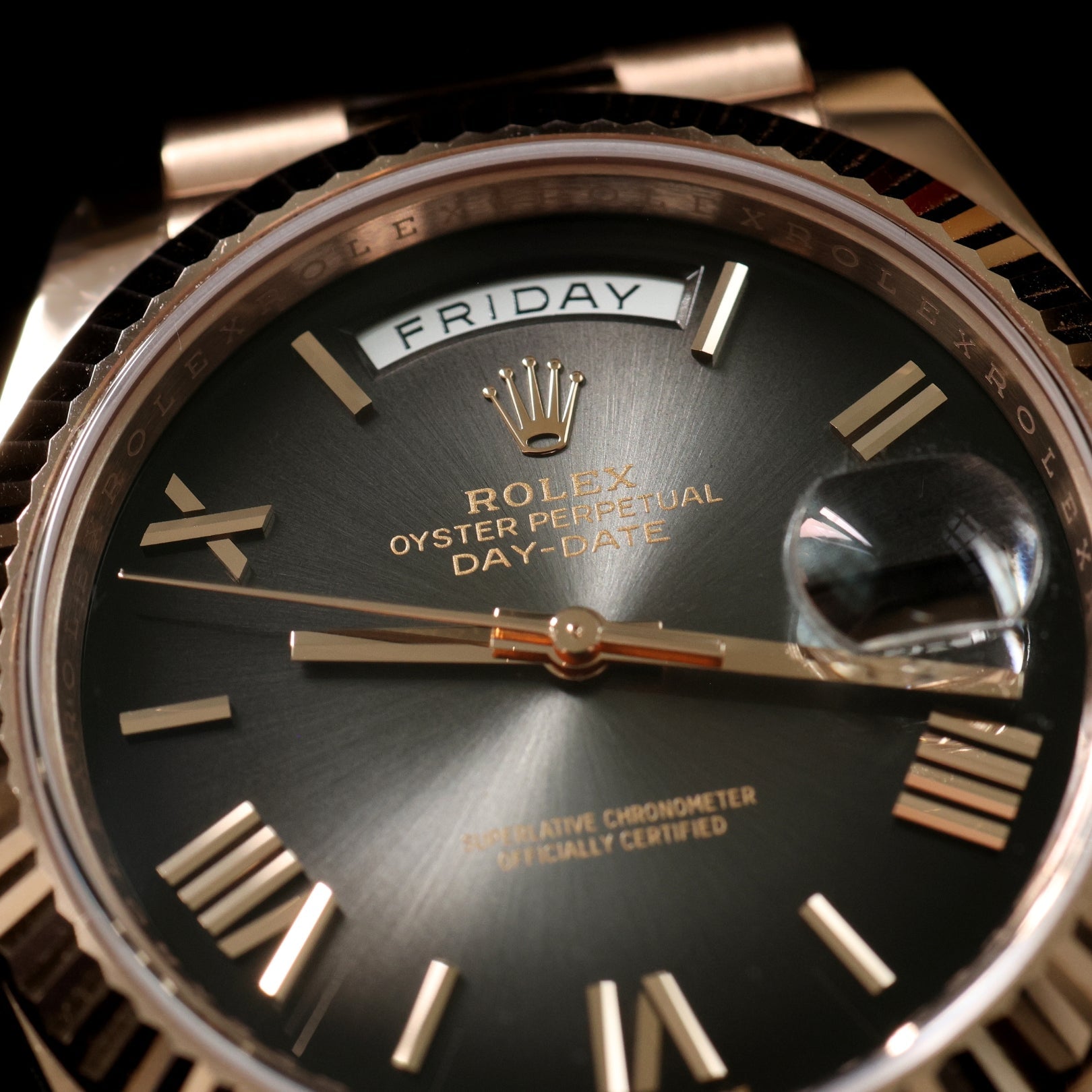 Rolex Day - Date 40, Ombre Grey Dial, Everose Gold, President Band, Ref. 228235, 07 - 2024, B+P - LUXUHRIA