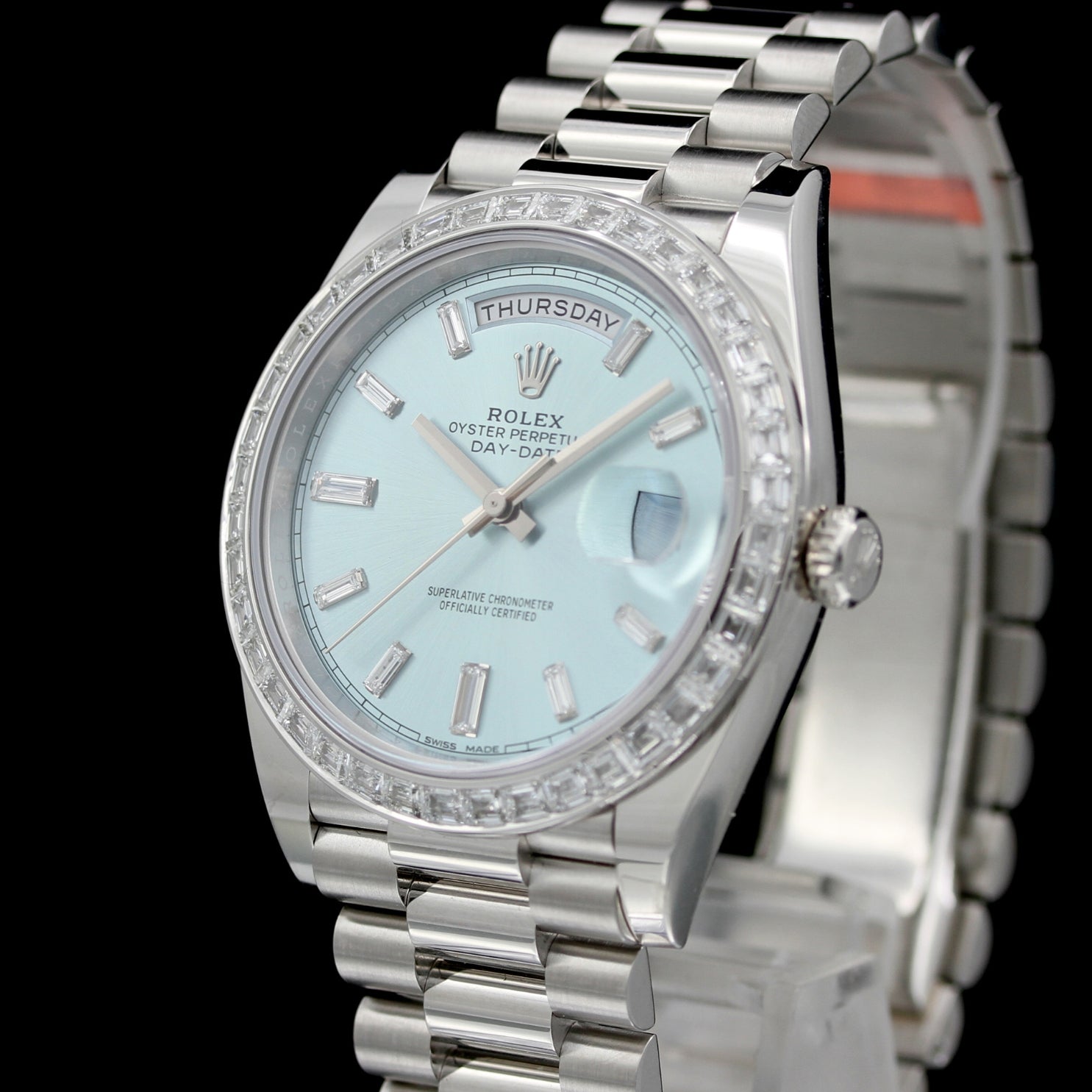Rolex Day - Date 40, Platinum, Diamonds, Ref. 228396TBR, teilbeklebt, B+P - LUXUHRIA