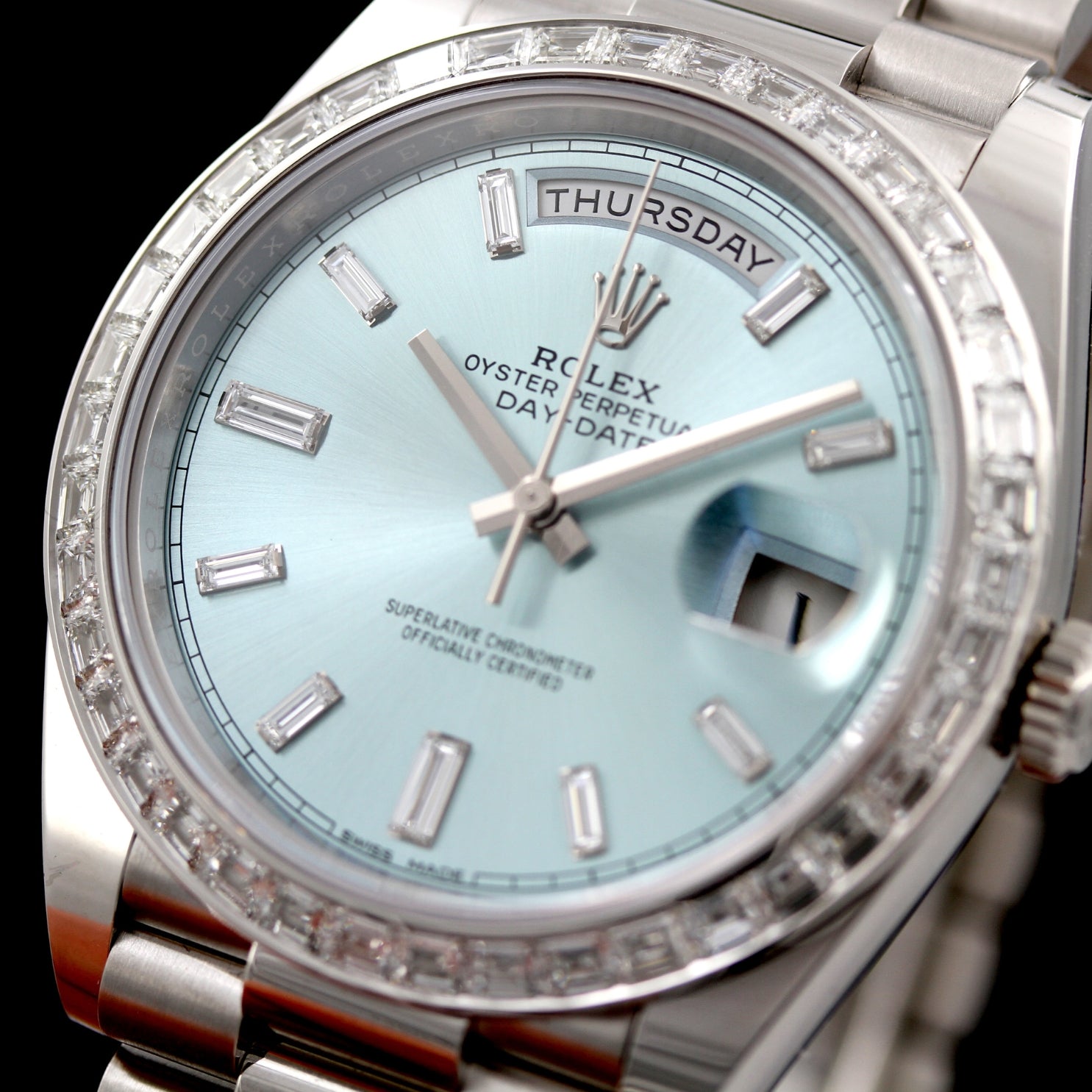 Rolex Day - Date 40, Platinum, Diamonds, Ref. 228396TBR, teilbeklebt, B+P - LUXUHRIA