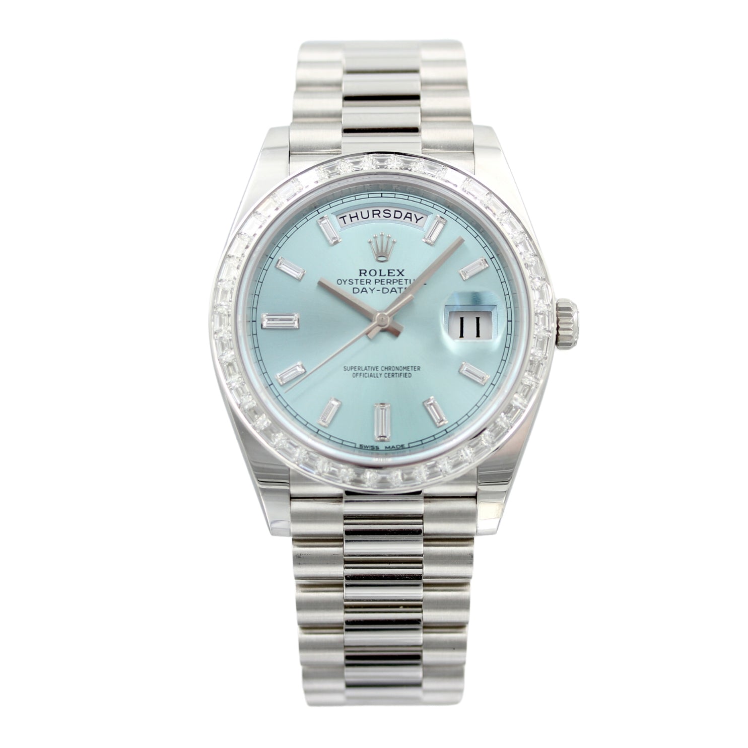 Rolex Day - Date 40, Platinum, Diamonds, Ref. 228396TBR, teilbeklebt, B+P - LUXUHRIA