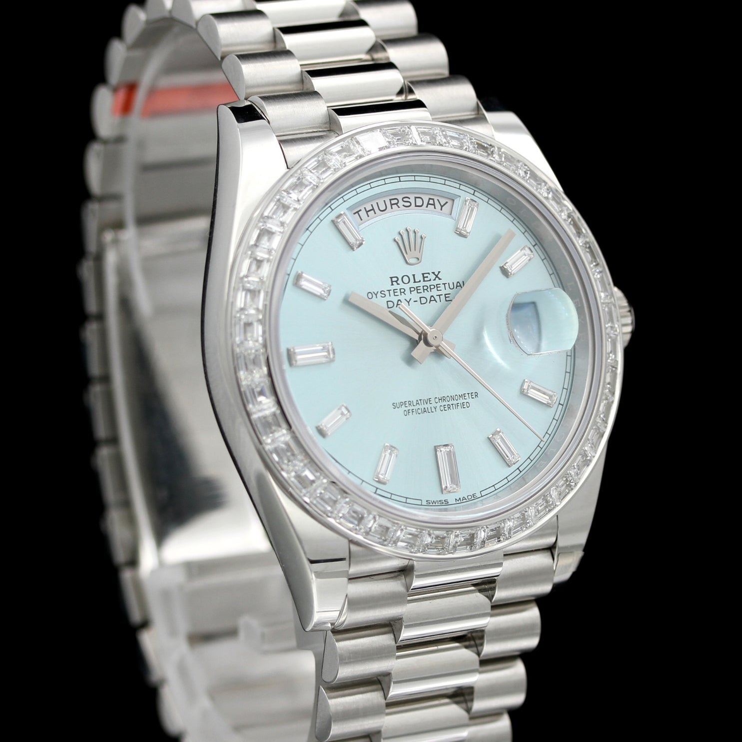 Rolex Day - Date 40, Platinum, Diamonds, Ref. 228396TBR, teilbeklebt, B+P - LUXUHRIA