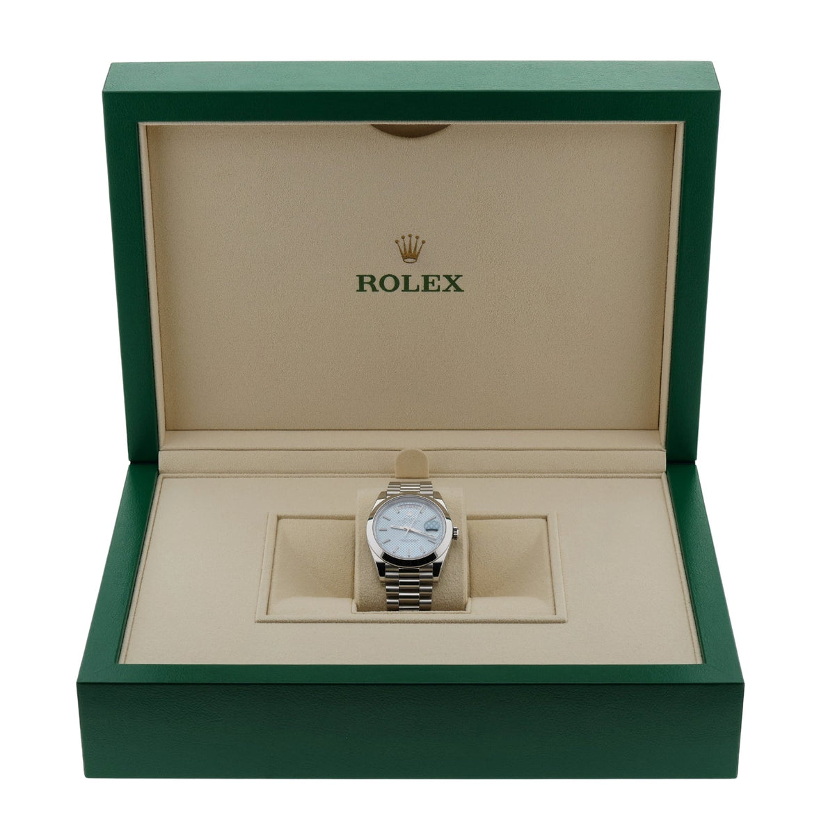 Rolex Day-Date 40, Platinum, Ice Blue Motif Dial, LC100, Ref. 228206, 11-2019, B+P - LUXUHRIA