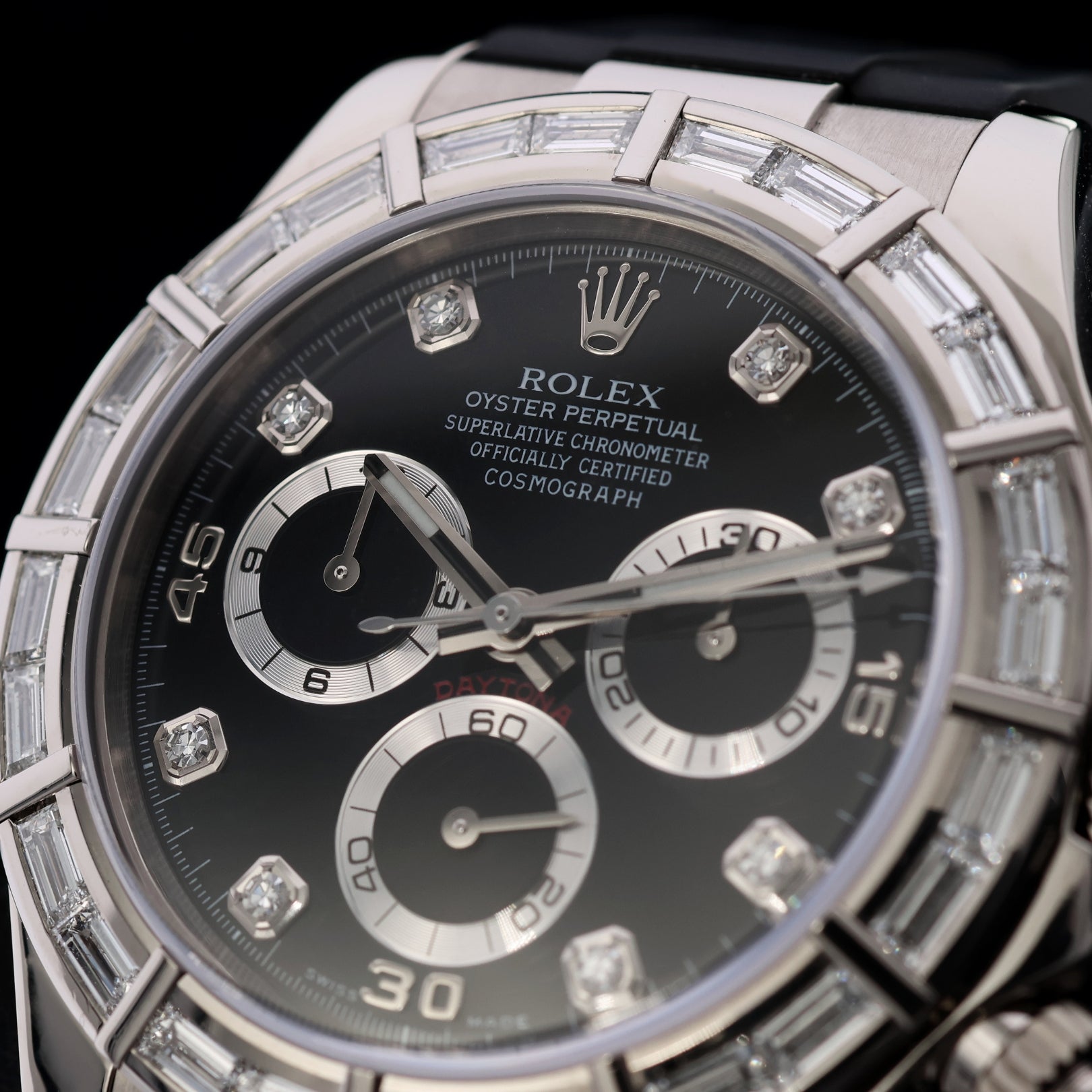 Rolex Daytona, Baguette Bezel Diamond Dial, Kautschuk - und Lederarmband, Service 2025, Ref. 116589BR, mit Box - LUXUHRIA