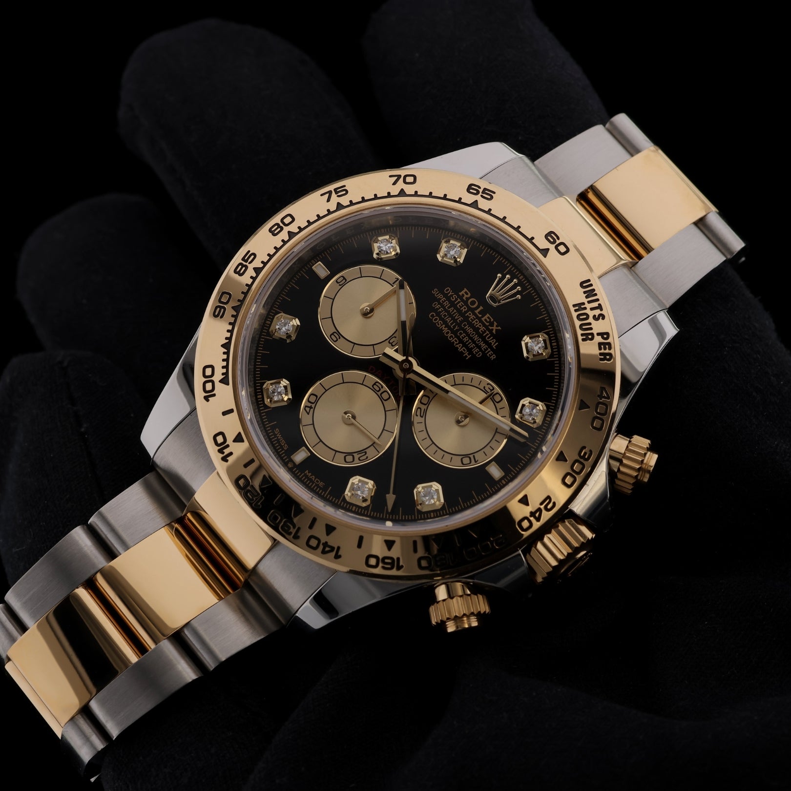 Rolex Daytona, Black Diamond Dial, Gold/Stahl, LC - 100, Ref. 126503, 2025, B+P - LUXUHRIA