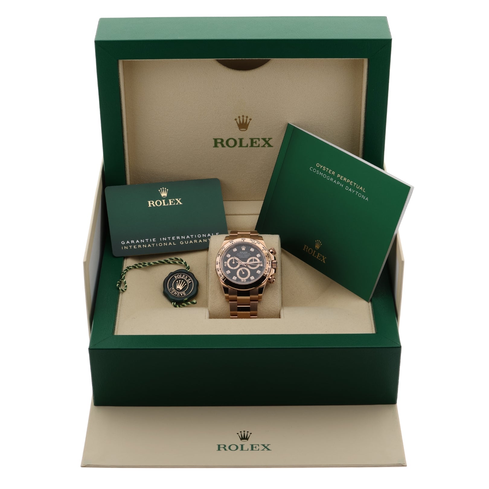 Rolex Daytona Chronograph, Black Dial, Diamant Indizes, Rosegold, Ref. 116505, B+P - LUXUHRIA
