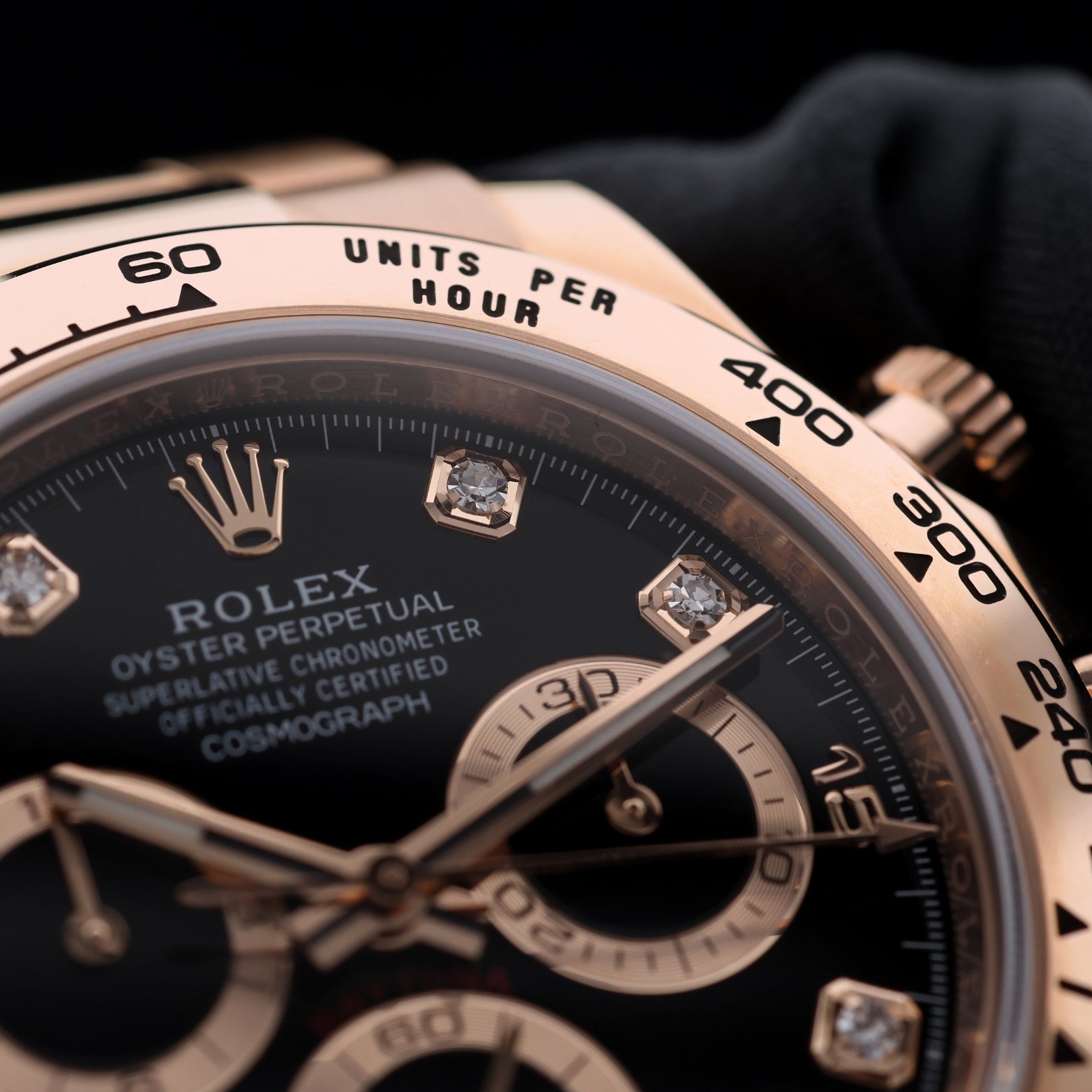Rolex Daytona Chronograph, Black Dial, Diamant Indizes, Rosegold, Ref. 116505, B+P - LUXUHRIA