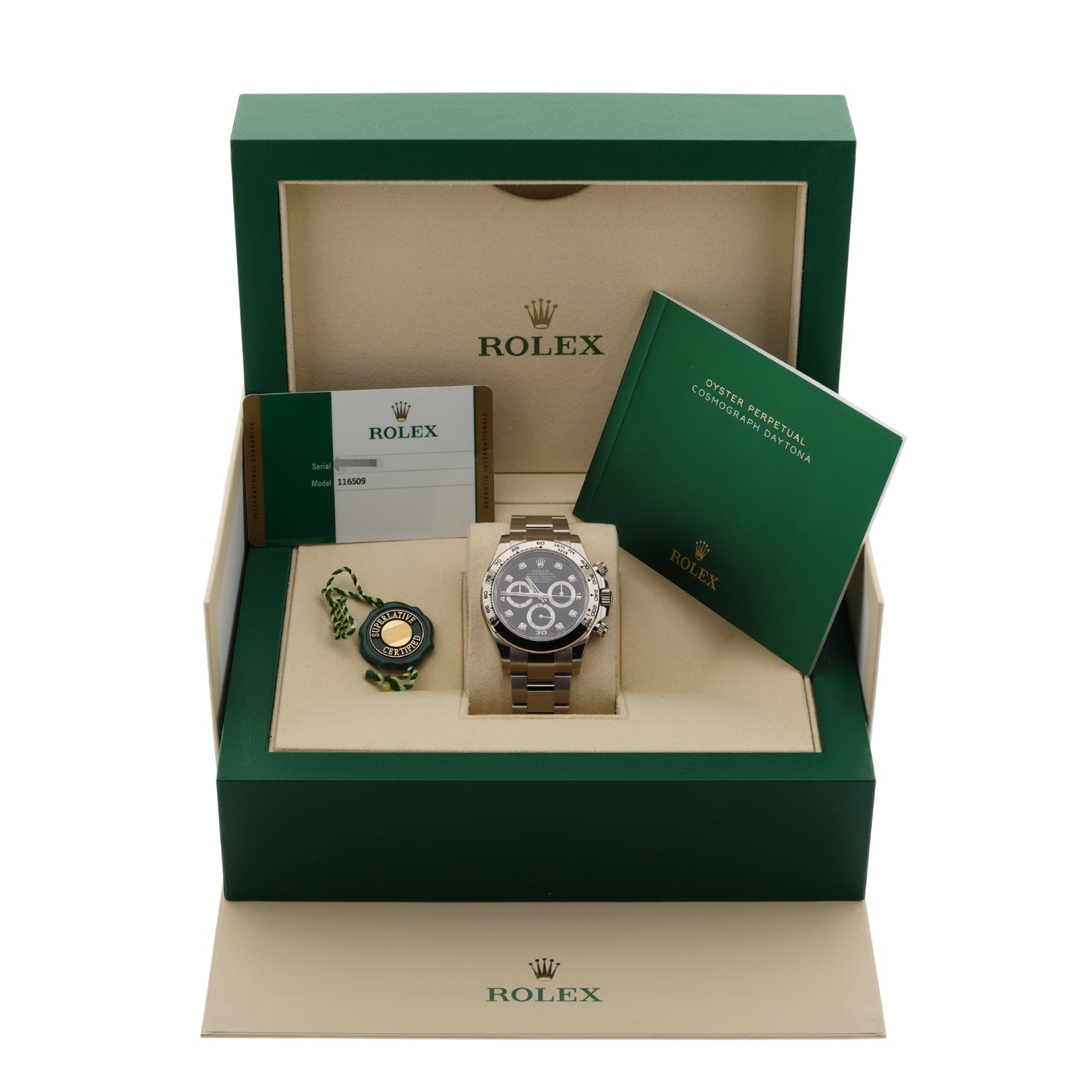 Rolex Daytona Chronograph, Weißgold, Black Dial, Diamant Indizes, Fullsticker, LC100, Ref. 116509, B+P - LUXUHRIA