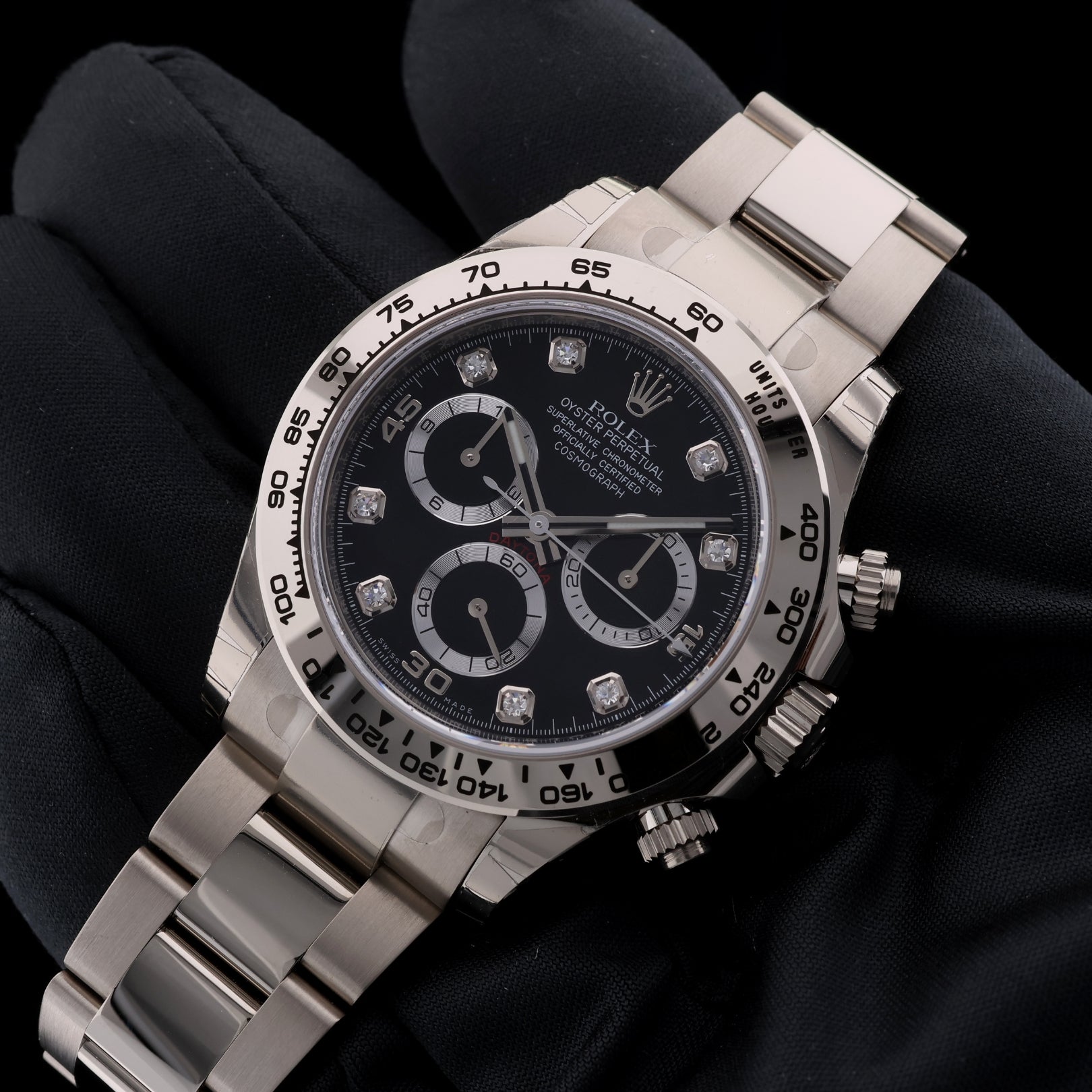 Rolex Daytona Chronograph, Weißgold, Black Dial, Diamant Indizes, Fullsticker, LC100, Ref. 116509, B+P - LUXUHRIA