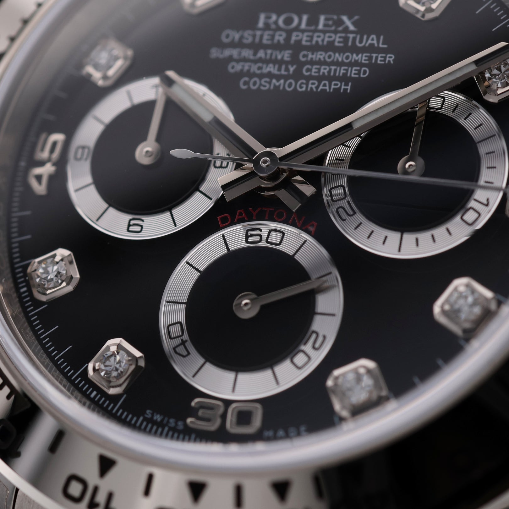 Rolex Daytona Chronograph, Weißgold, Black Dial, Diamant Indizes, Fullsticker, LC100, Ref. 116509, B+P - LUXUHRIA