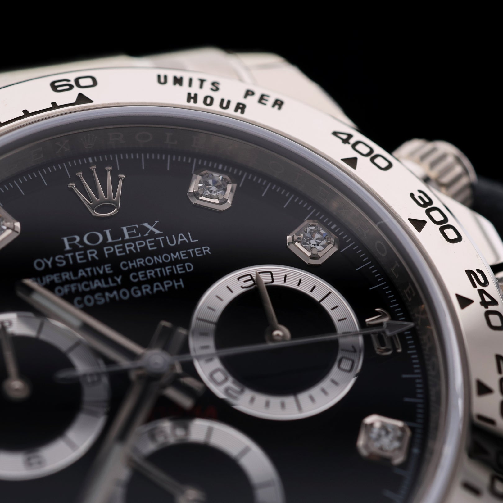 Rolex Daytona Chronograph, Weißgold, Black Dial, Diamant Indizes, Fullsticker, LC100, Ref. 116509, B+P - LUXUHRIA