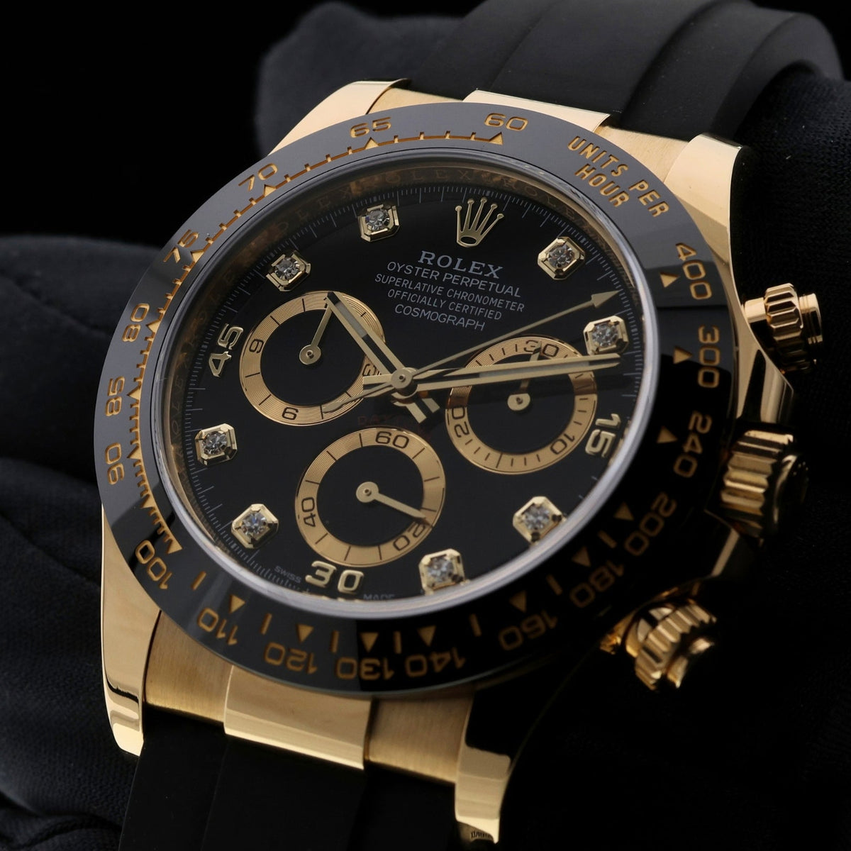 Rolex Daytona Cosmograph, Black Diamond Dial, Gelbgold, Ref. 116518LN, 2022, B+P - LUXUHRIA