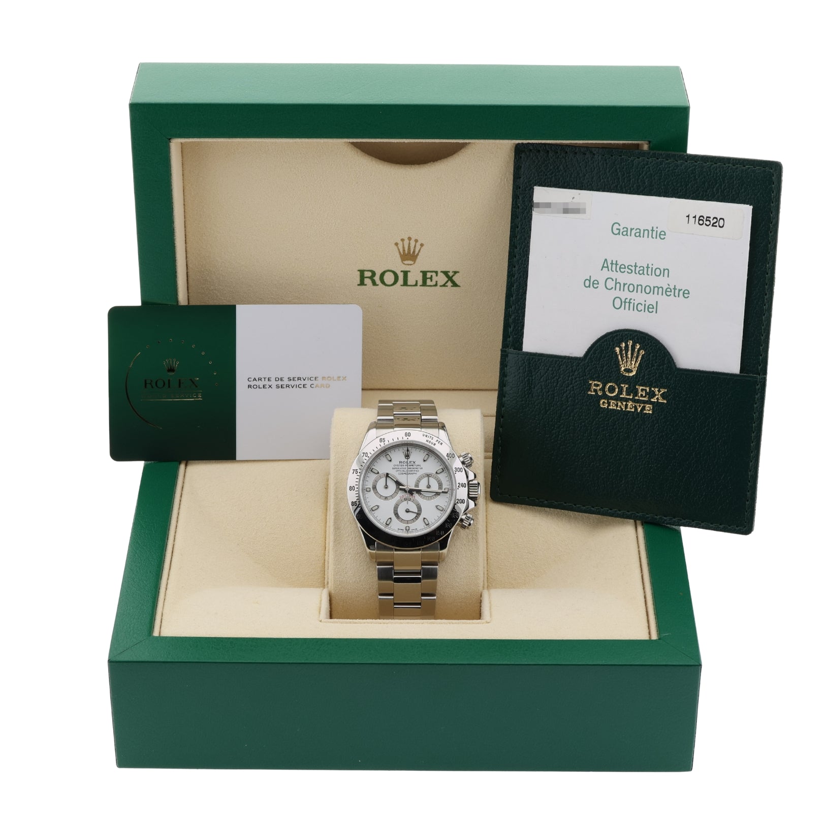 Rolex Daytona Cosmograph, White Dial, Ref. 116520, 05 - 2004, B+P Rolex Service 09.24 - LUXUHRIA