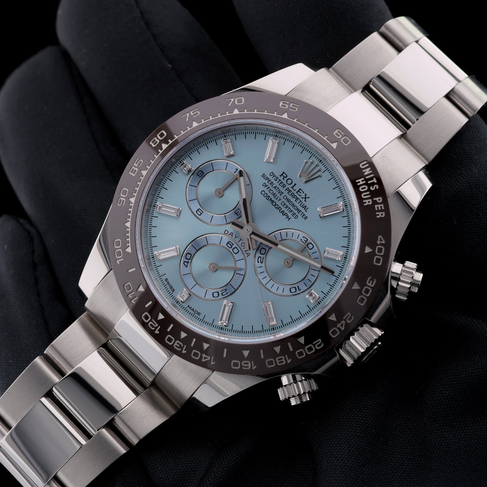 Rolex Daytona Platin, Ice Blue Dial, Baguette - Diamantindizes, Ref. 116506, 2022/Ungetragen, B+P - LUXUHRIA