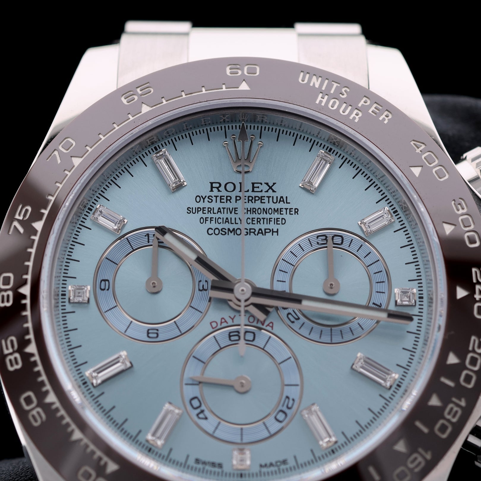 Rolex Daytona Platin, Ice Blue Dial, Baguette - Diamantindizes, Ref. 116506, 2022/Ungetragen, B+P - LUXUHRIA