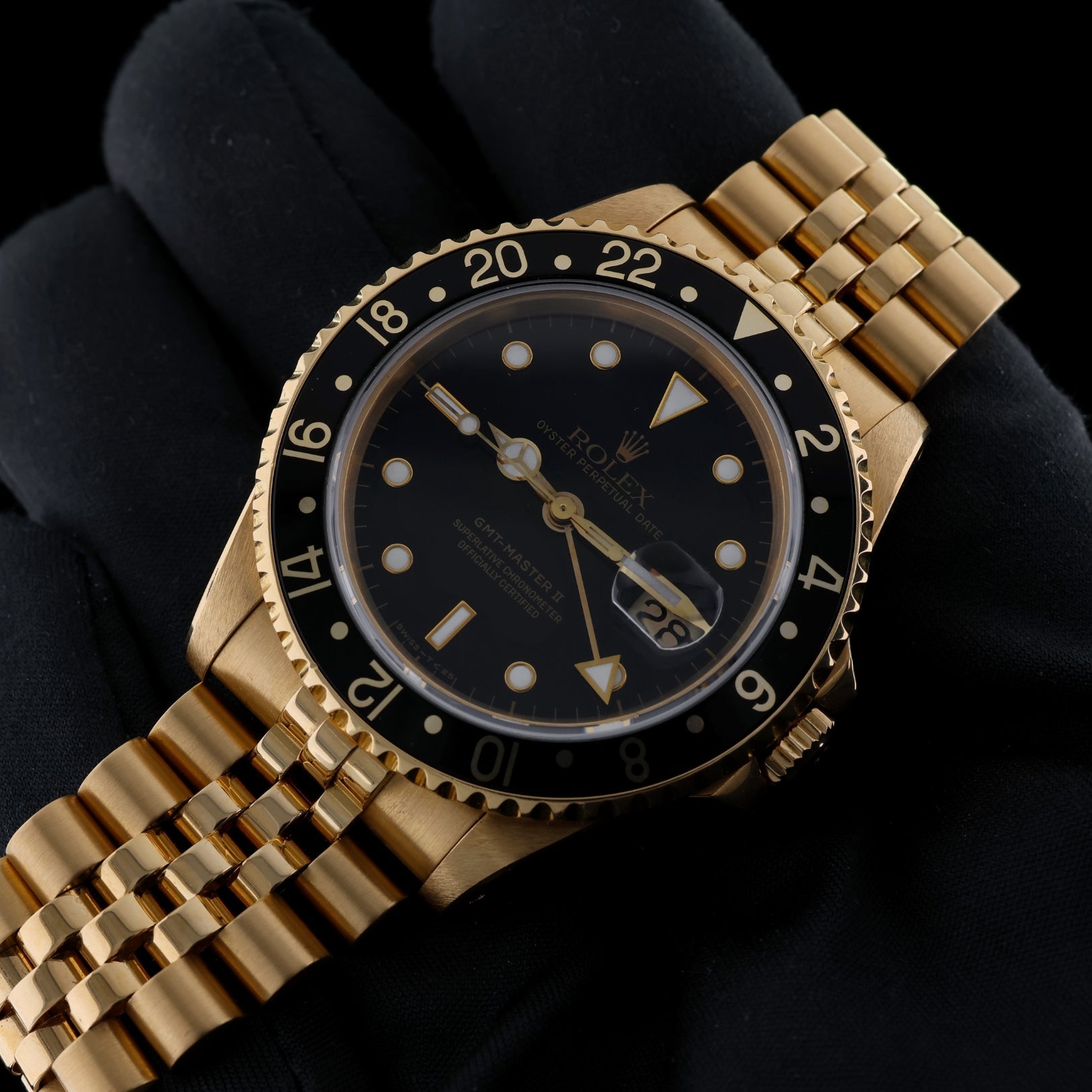 Rolex GMT Master II, Gelbgold, Jubilee, E - Serie, LC100, Ref. 16718, 02 - 1992, B+P - LUXUHRIA