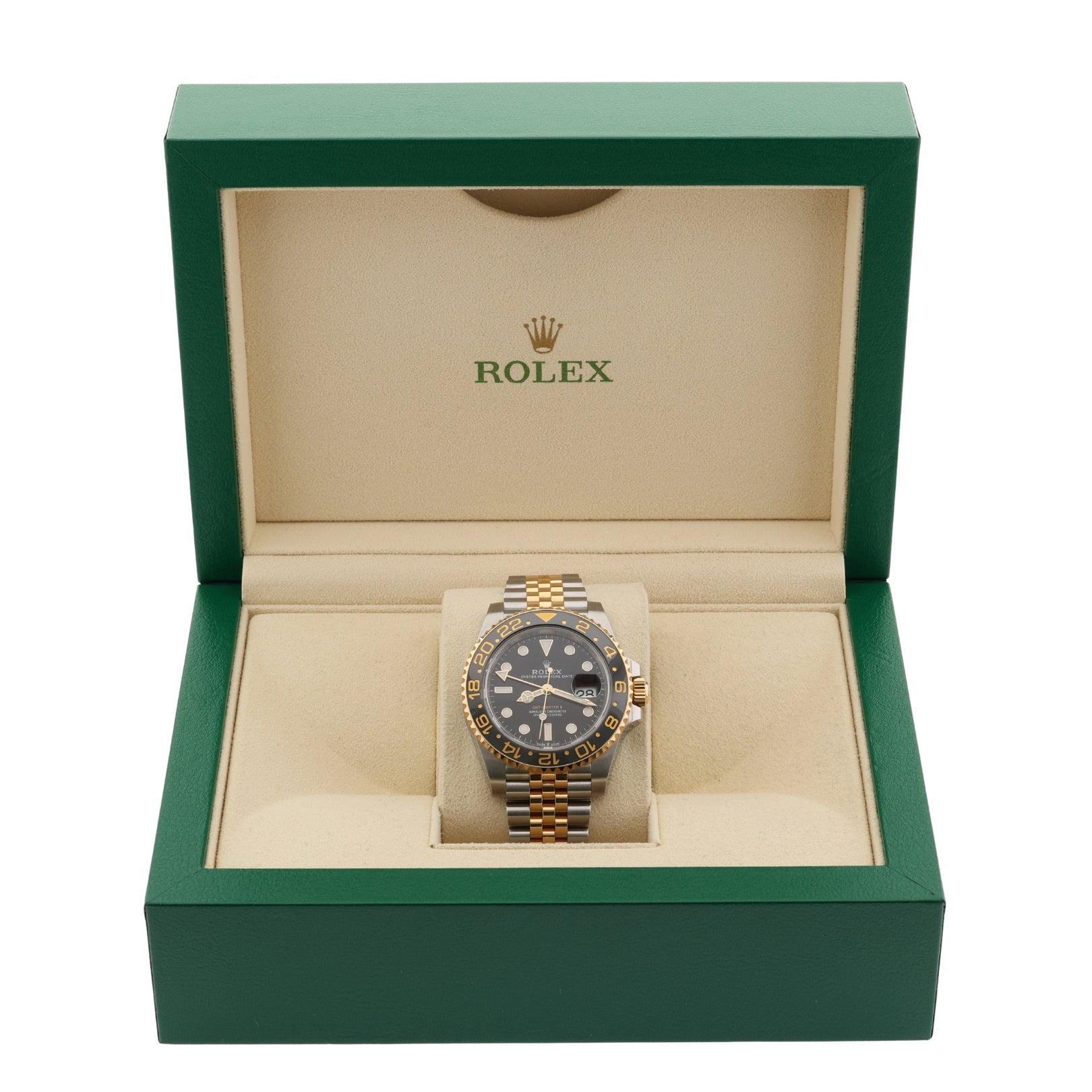 Rolex GMT Master II, Gelbgold/Stahl, Jubilee, Ref. 126713GRNR, 10-2023, B+P - LUXUHRIA
