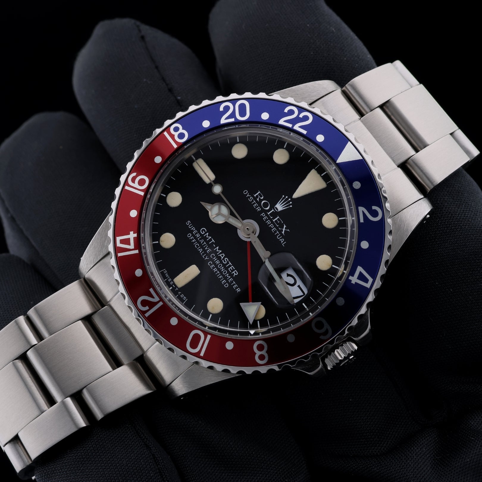 Rolex GMT Master II, "Pepsi Bezel", 40 mm, Oyster, Ref. 1675/0, Rolex - Service 2025, mit Box - LUXUHRIA