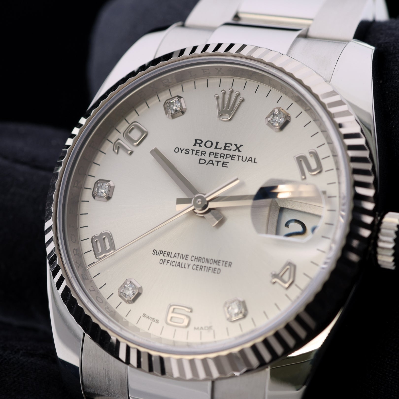 Rolex Oyster Perpetual Date, 34mm, Silver Diamond Dial, Ref. 115234, 05 - 2019, B+P - LUXUHRIA