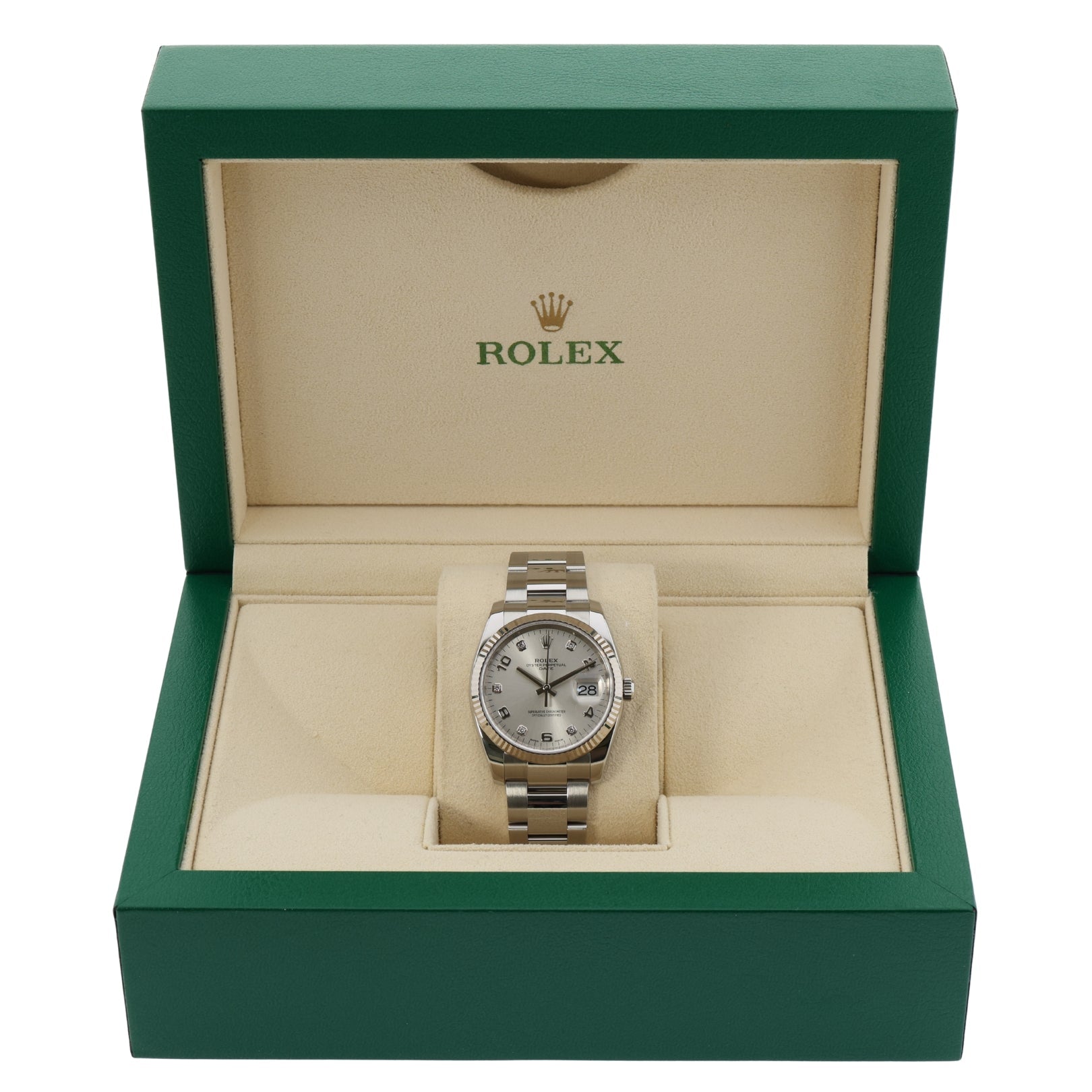 Rolex Oyster Perpetual Date, 34mm, Silver Diamond Dial, Ref. 115234, 05 - 2019, B+P - LUXUHRIA