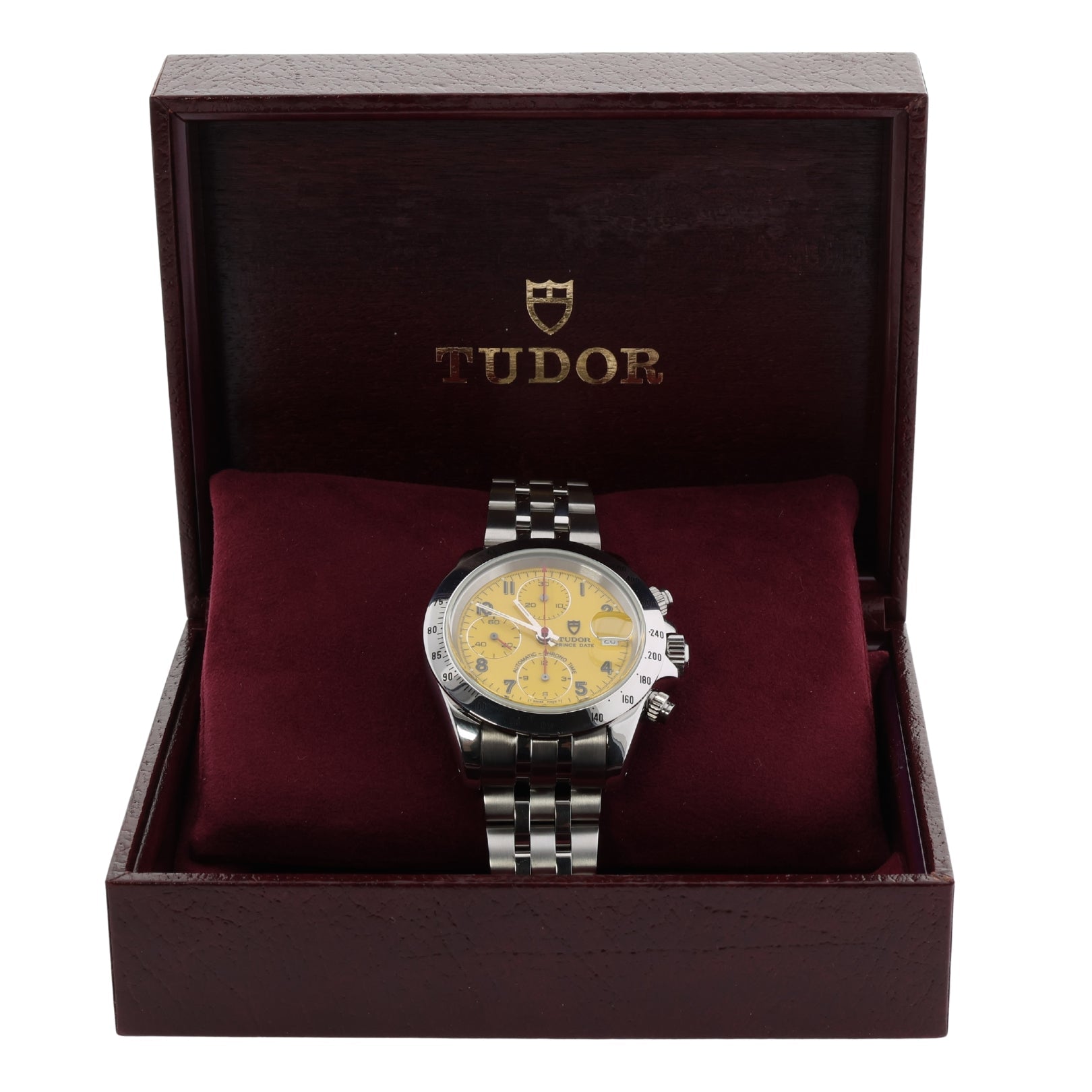 Tudor Prince Date Chronograph, Yellow, Stahl - & Lederband, Rolex - Rückdeckel/ - Krone, Ref. 79280, 03 - 1998, B+P - LUXUHRIA