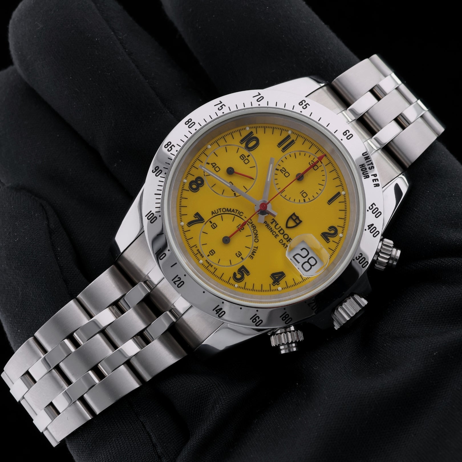 Tudor Prince Date Chronograph, Yellow, Stahl - & Lederband, Rolex - Rückdeckel/ - Krone, Ref. 79280, 03 - 1998, B+P - LUXUHRIA