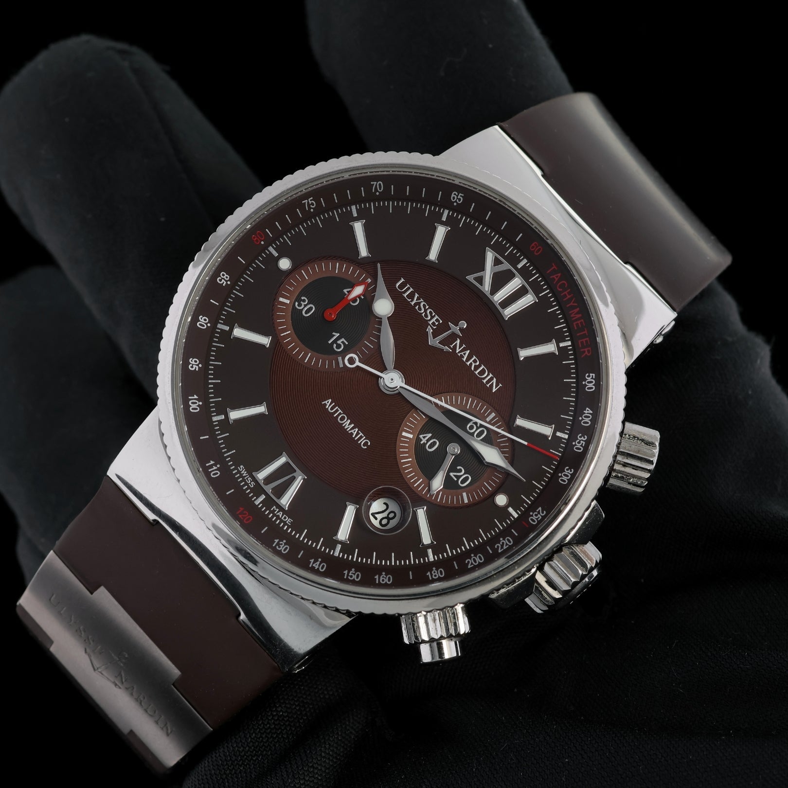 Ulysse Nardin Marine Chronograph, Brown Dial, Kautschuk, Ref. 353 - 66/355, B+P - LUXUHRIA