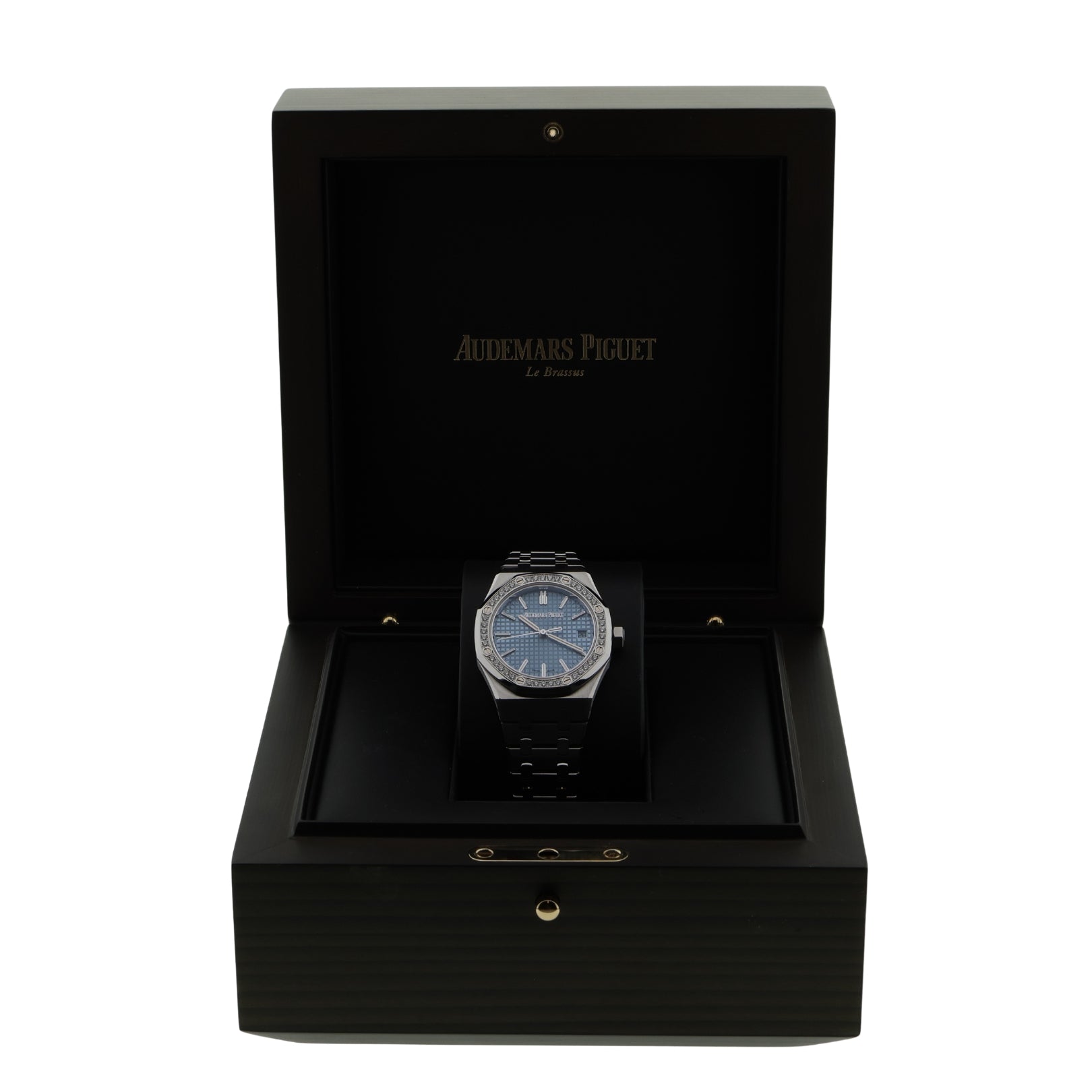 Audemars Piguet Royal Oak, 50th Anniversary, Ice Blue Dial, Diamond Bezel, Ref. 15551ST.ZZ.1356ST.01, 2022, B+P