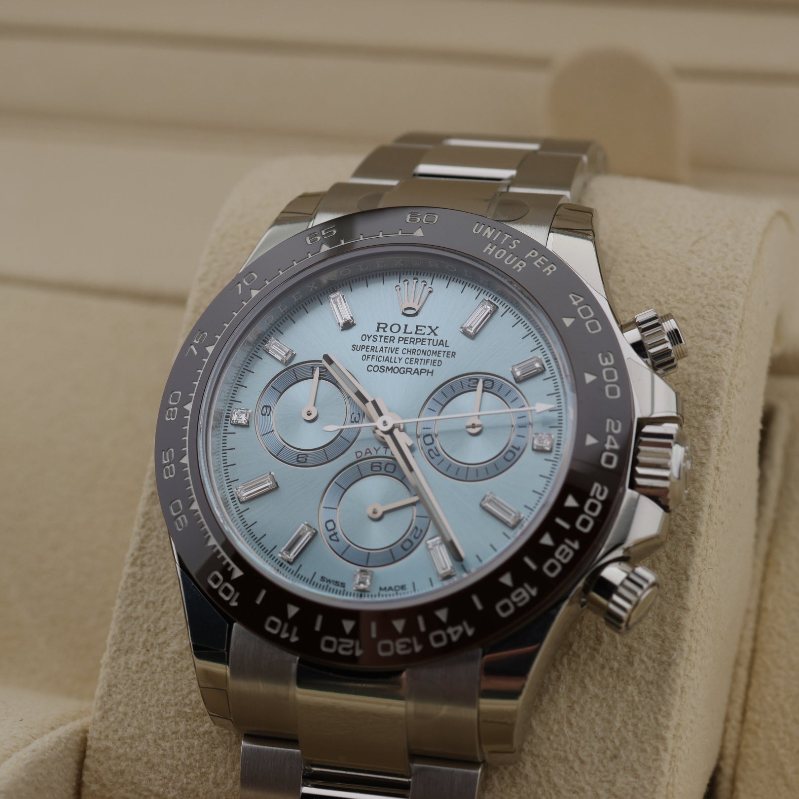 Rolex Daytona Platin, Ice Blue Dial, Baguette, Full Sticker, Ref. 116506, 2022, B+P