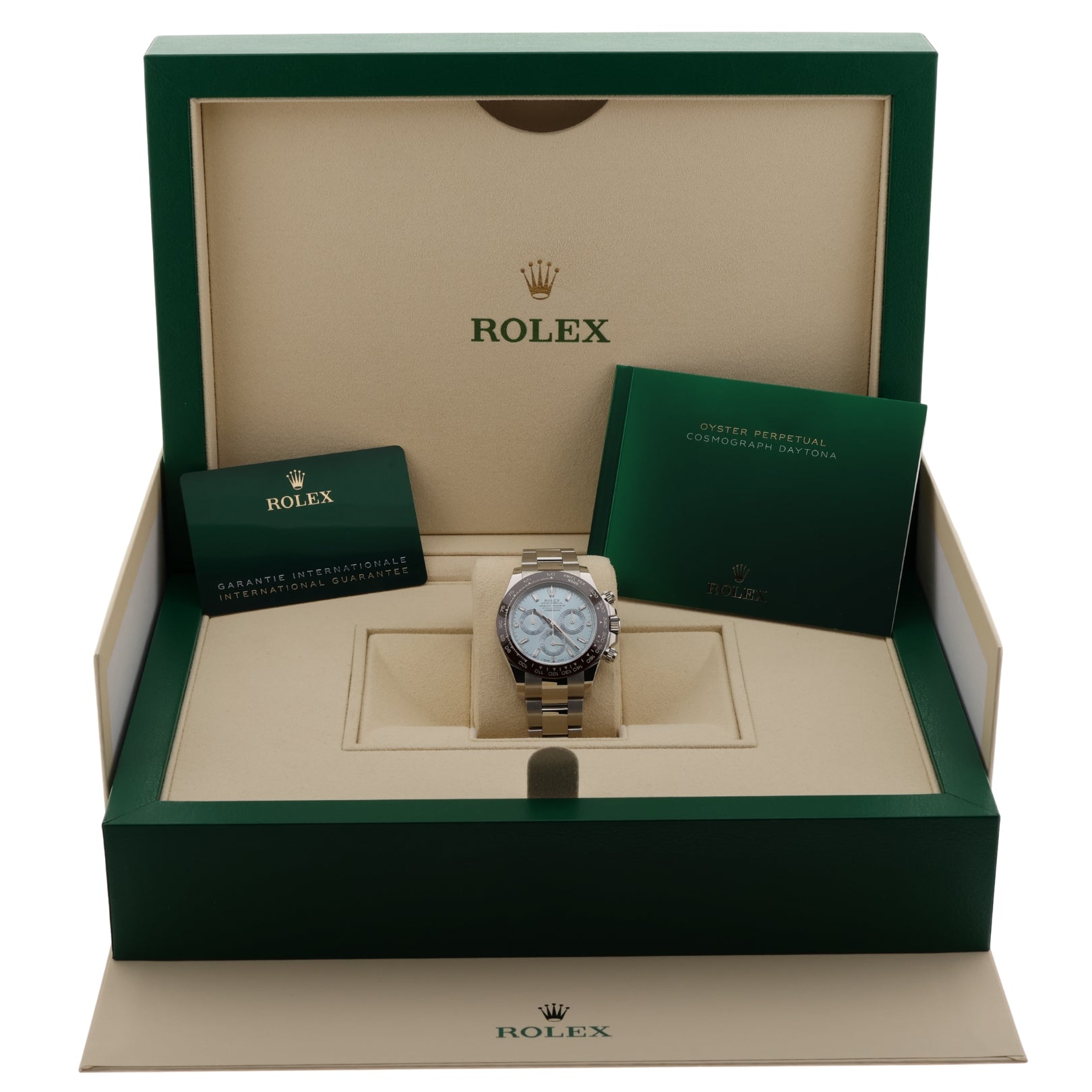 Rolex Daytona Platin, Ice Blue Dial, Baguette - Diamantindizes, Ref. 116506, 2022/Ungetragen, B+P