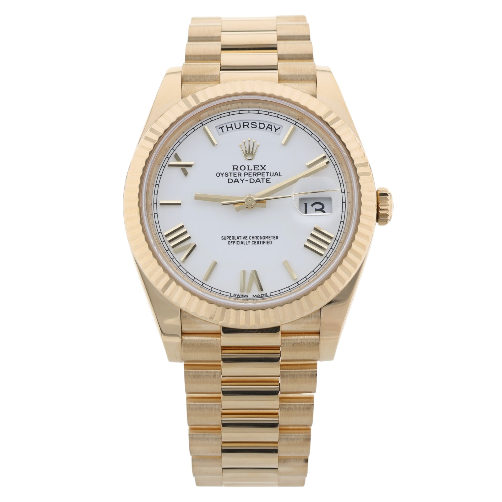 Rolex Day-Date 40mm, White Roman Dial, Gelbgold, Ref. 228238, 04-2023, B+P