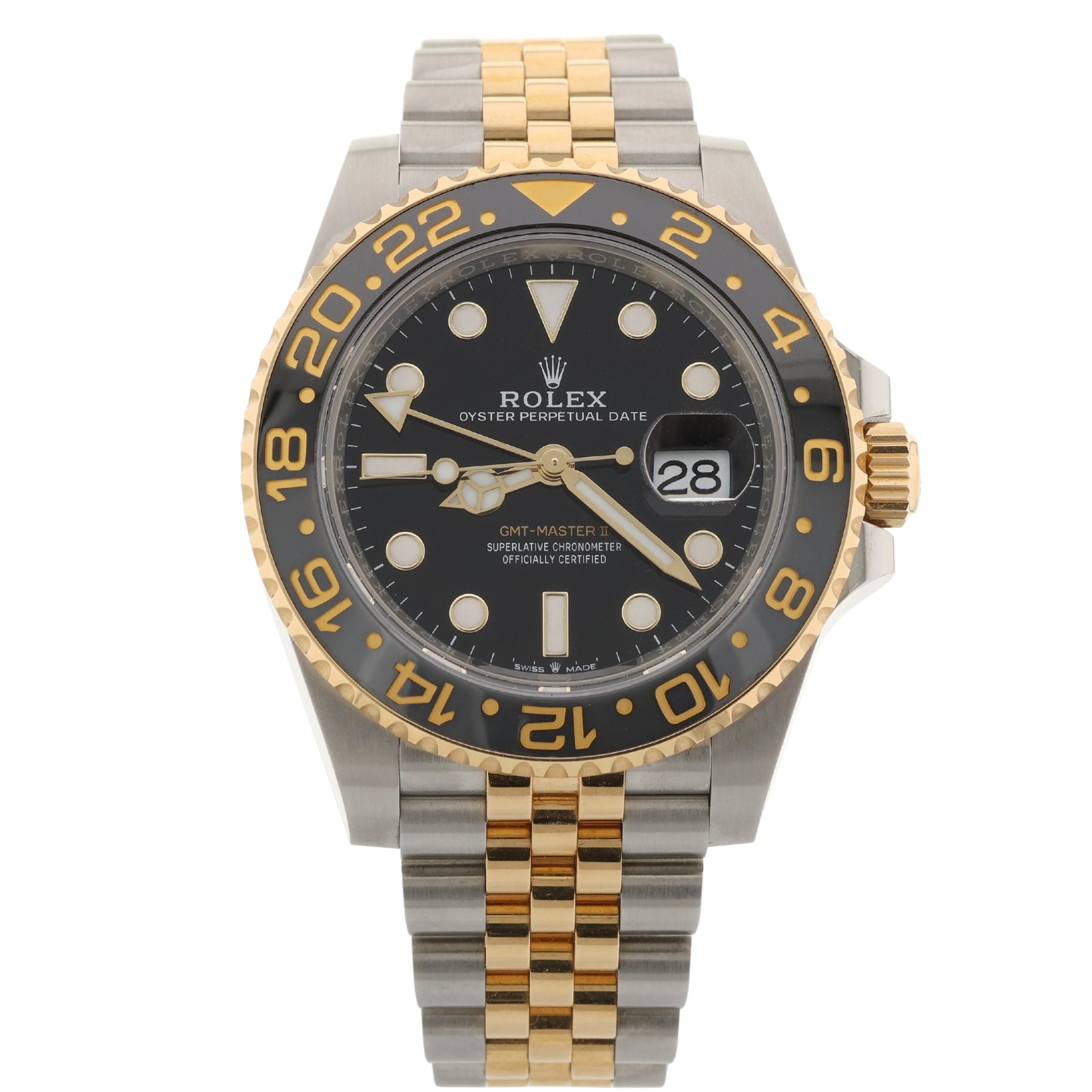 Rolex GMT Master II, Gelbgold/Stahl, Jubilee, Ref. 126713GRNR, 10-2023, B+P