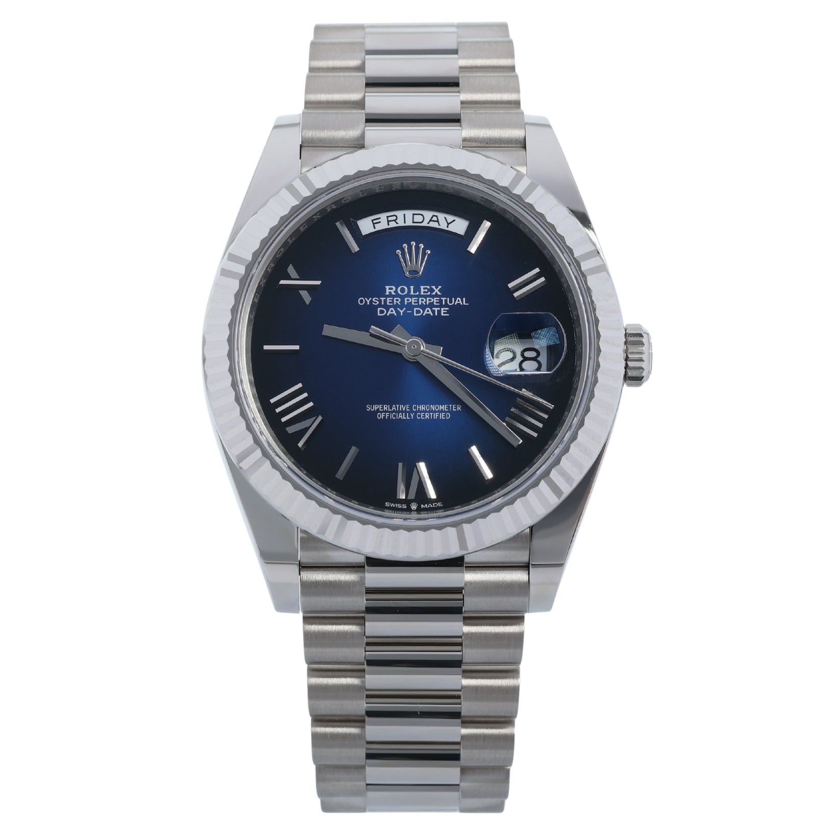Rolex Day-Date 40, Whitegold, Ombre Blue Dial, Ref. 228239, 12-2024, B+P