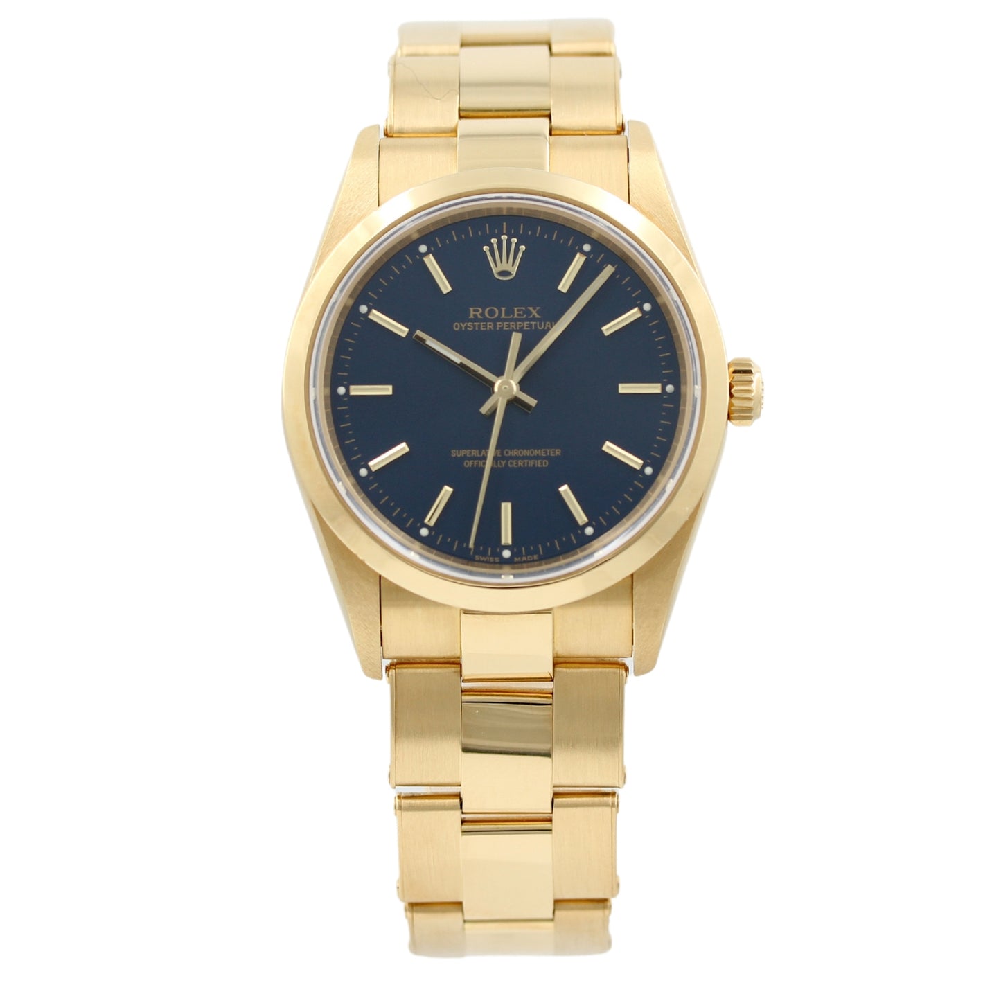 Rolex Oyster Perpetual 34 Blue, Gelbgold, 14208M, 2004, B+P
