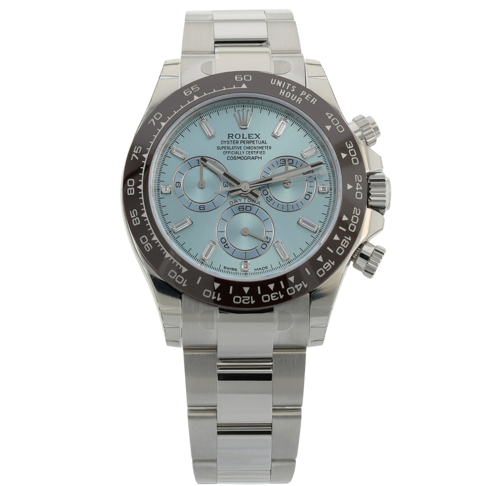 Rolex Daytona Platin, Ice Blue Dial, Baguette, Full Sticker, Ref. 116506, 2022, B+P
