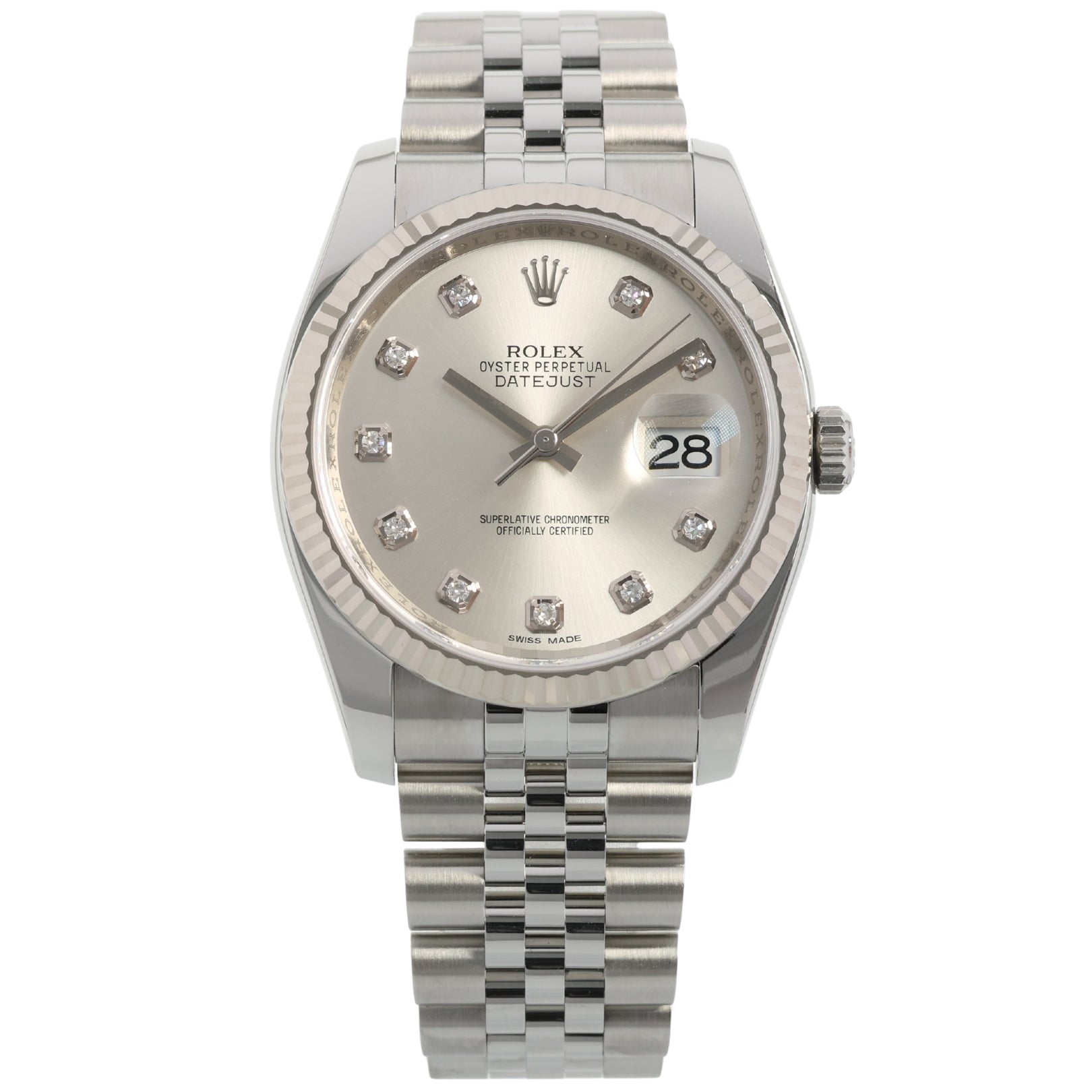 Rolex Datejust 36, Silver Diamond Dial, Jubilee, Ref. 116234, 04-2013, B+P
