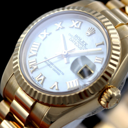Rolex Lady Datejust 26, Gelbgold, röm. Perlmutt MOP, Ref. 179178, B+P