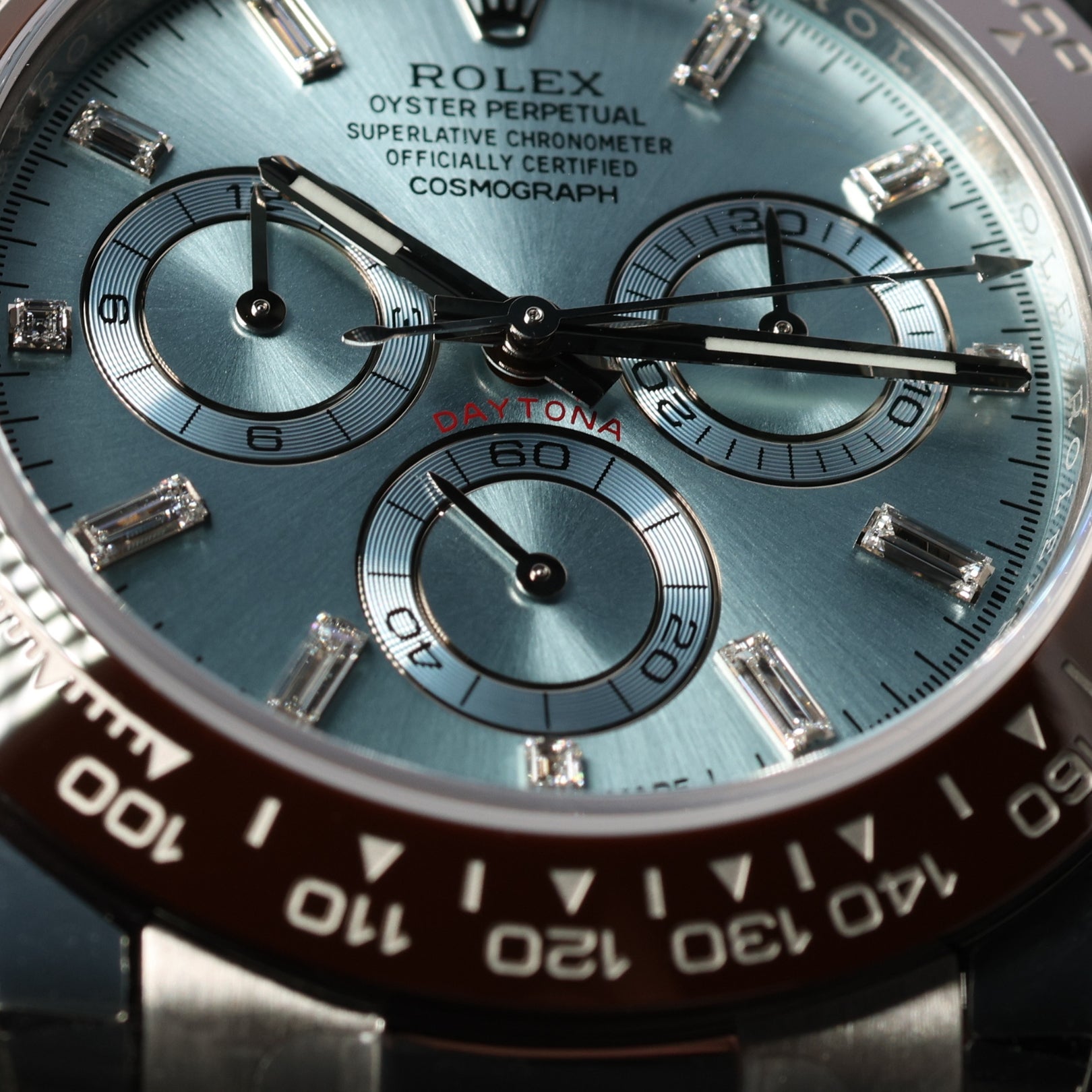 Rolex Daytona Platin, Ice Blue Dial, Baguette, Full Sticker, Ref. 116506, 2022, B+P