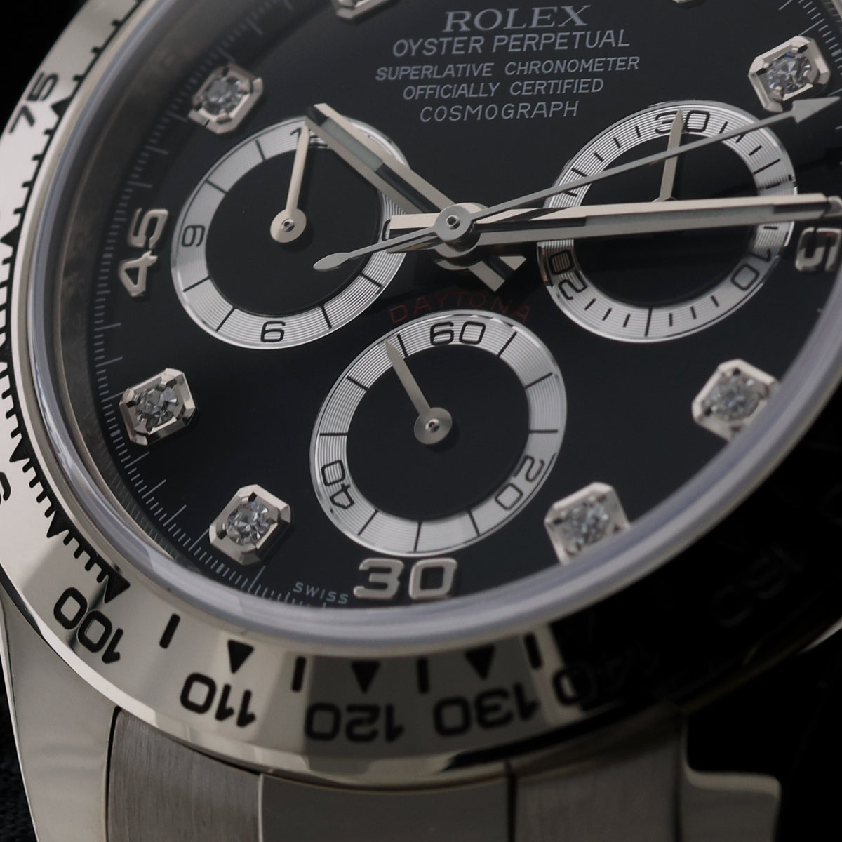 Rolex Daytona Cosmograph, Weißgold, Black Diamond Dial, LC100, Ref. 116509, 2021, B+P