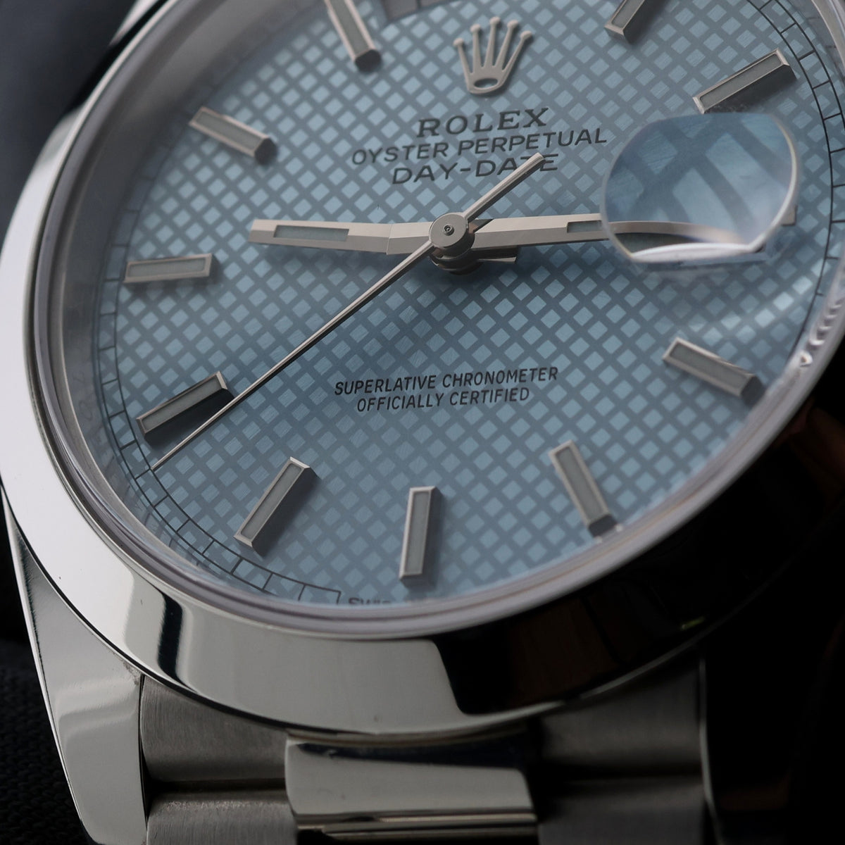 Rolex Day-Date 40, Platinum, Ice Blue Motif Dial, LC100, Ref. 228206, 11-2019, B+P