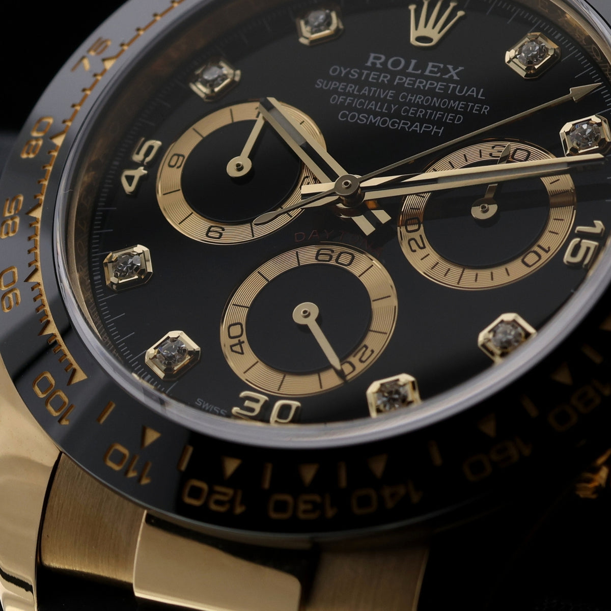 Rolex Daytona Cosmograph, Black Diamond Dial, Gelbgold, Ref. 116518LN, 2022, B+P