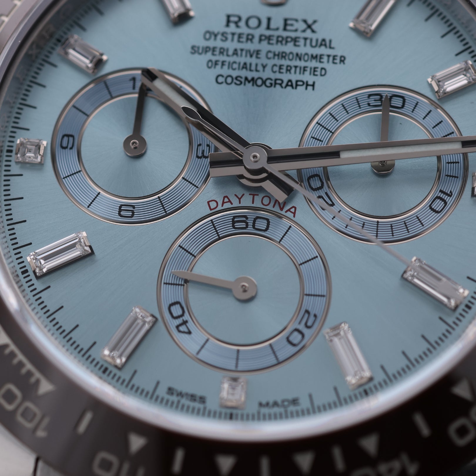 Rolex Daytona Platin, Ice Blue Dial, Baguette - Diamantindizes, Ref. 116506, 2022/Ungetragen, B+P
