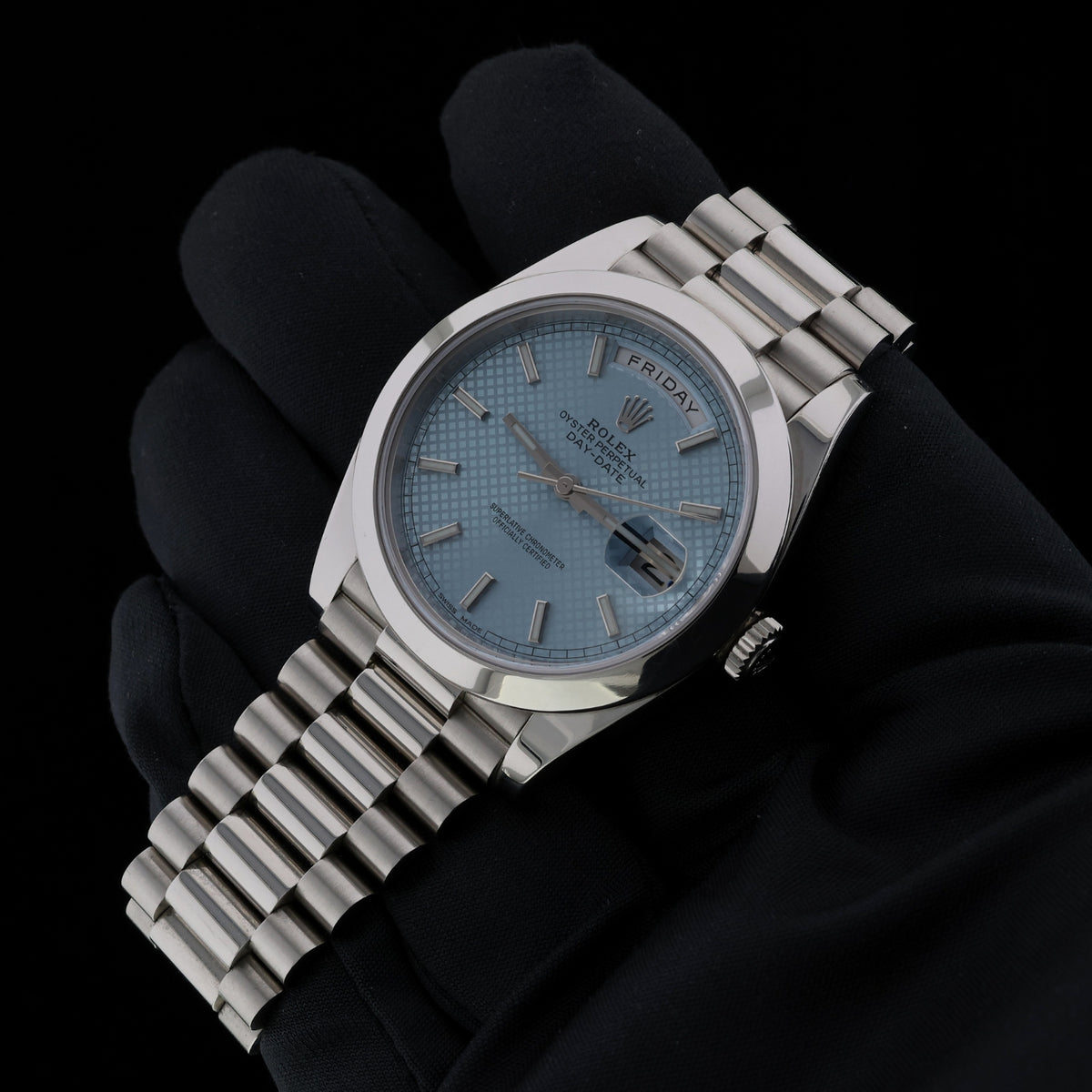 Rolex Day-Date 40, Platinum, Ice Blue Motif Dial, LC100, Ref. 228206, 11-2019, B+P